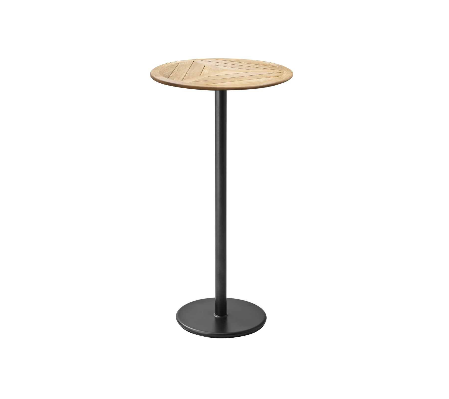 Stilvolles, rundes Holz-Bistro-Tisch mit einer schlanken schwarzen Basis, perfekt für zwanglose Zusammenkünfte oder als zeitgenössisches Akzentstück.