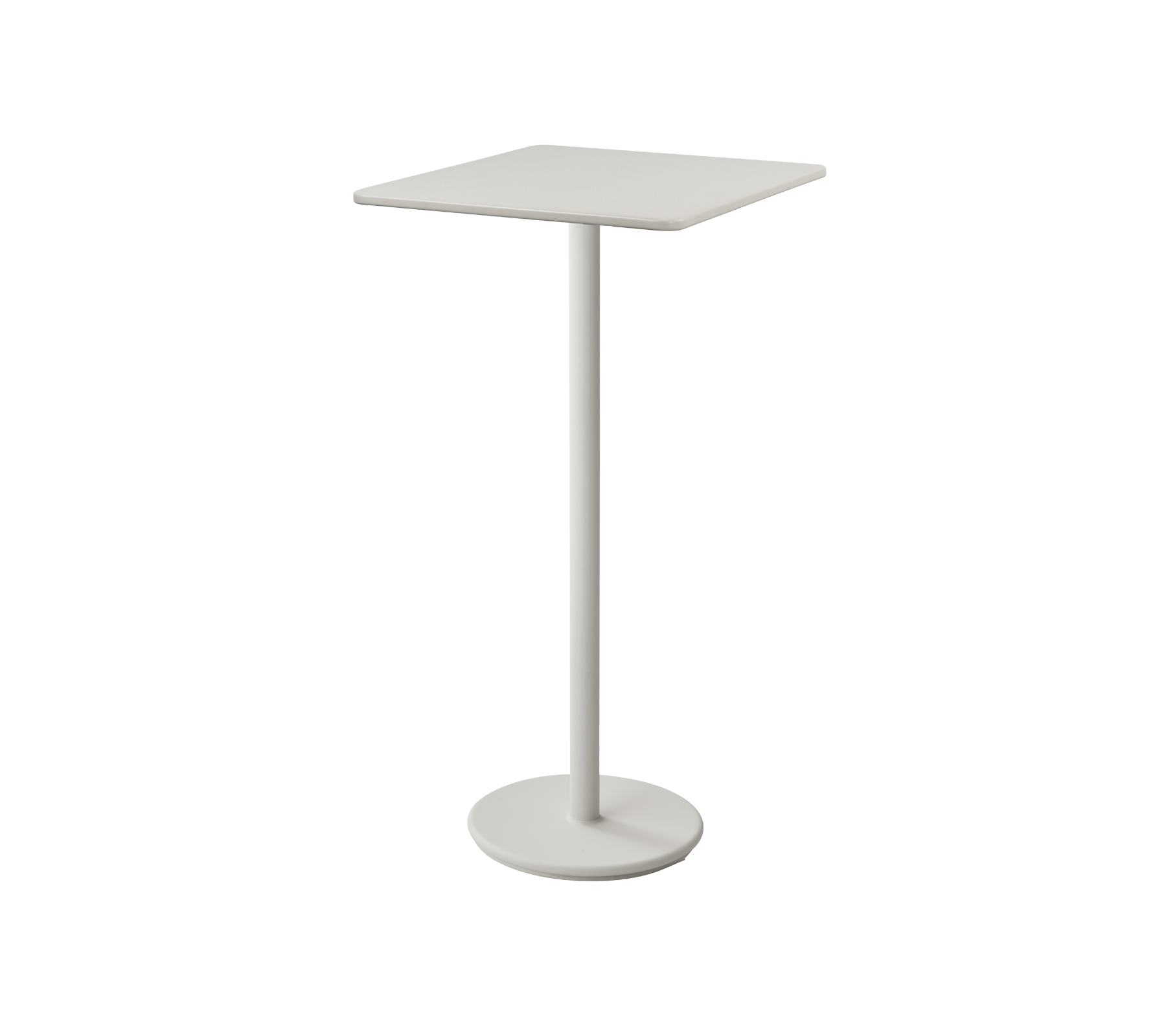 Minimalistischer weißer Beistelltisch mit quadratischer Tischplatte und schlankem Fuß, ideal für kleine Räume oder legere Sitzbereiche.