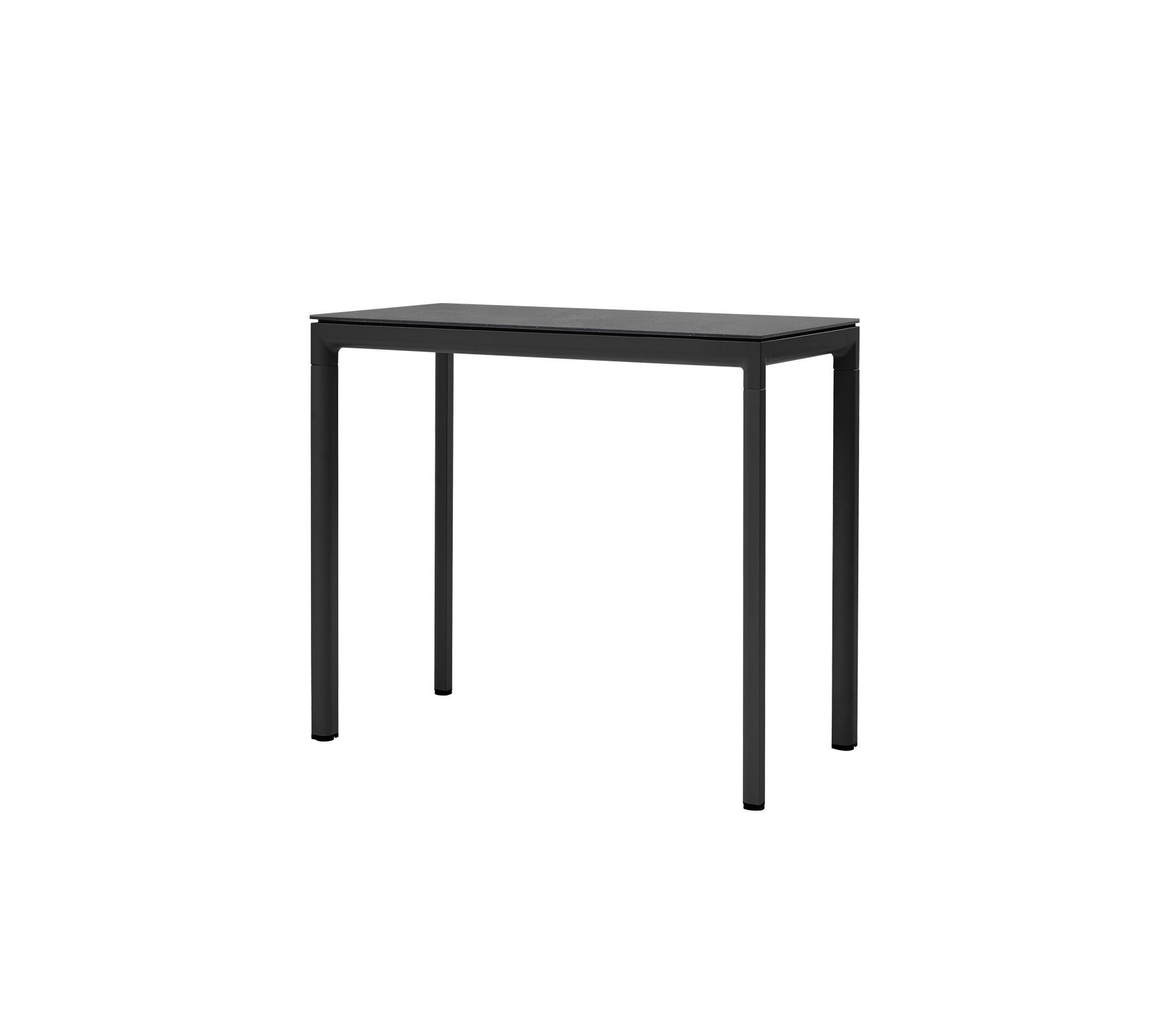 Ein schlanker schwarzer Tisch mit minimalistischem Design und vier stabilen Beinen, ideal für vielseitige Nutzung in verschiedenen Umgebungen.