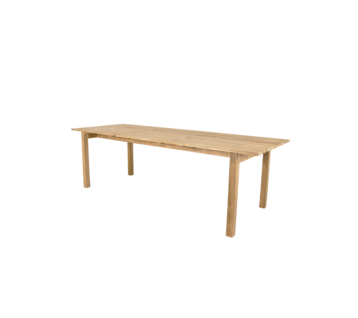 Holztisch mit natürlicher Oberfläche, ausgestattet mit vier stabilen Beinen und einer großzügigen rechteckigen Fläche, geeignet für Essen oder Arbeitsplatz.