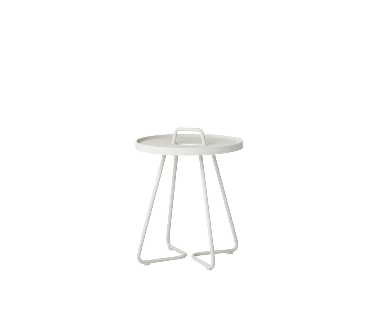 Moderner runder Beistelltisch mit einem minimalistischen Design und stabilen, eckigen Beinen in einem klaren, weißen Finish.