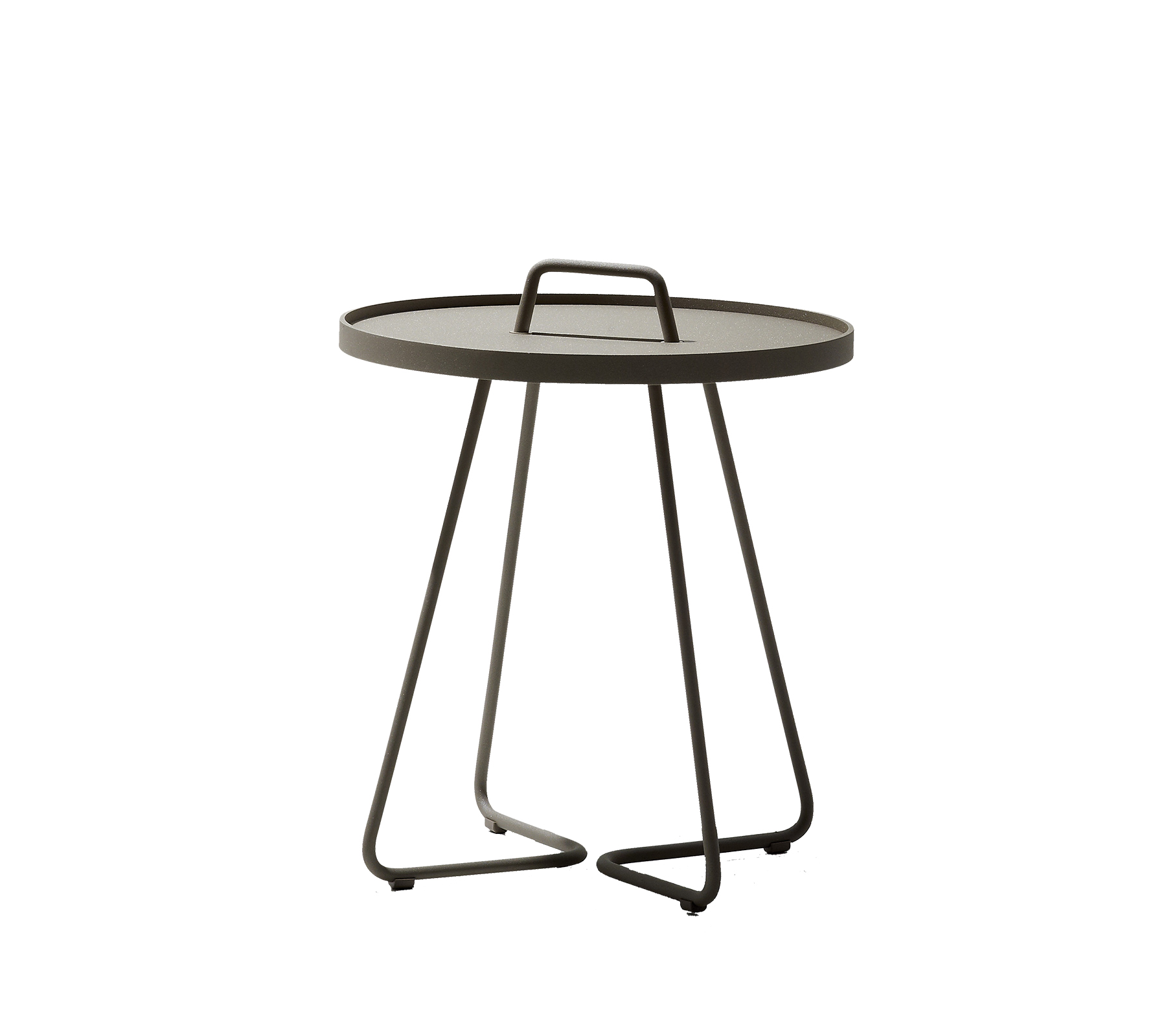 Runder Tisch mit schlankem Design, ausgestattet mit einem Tragegriff und einem minimalistischen Sockel. Perfekt für jede moderne Umgebung.