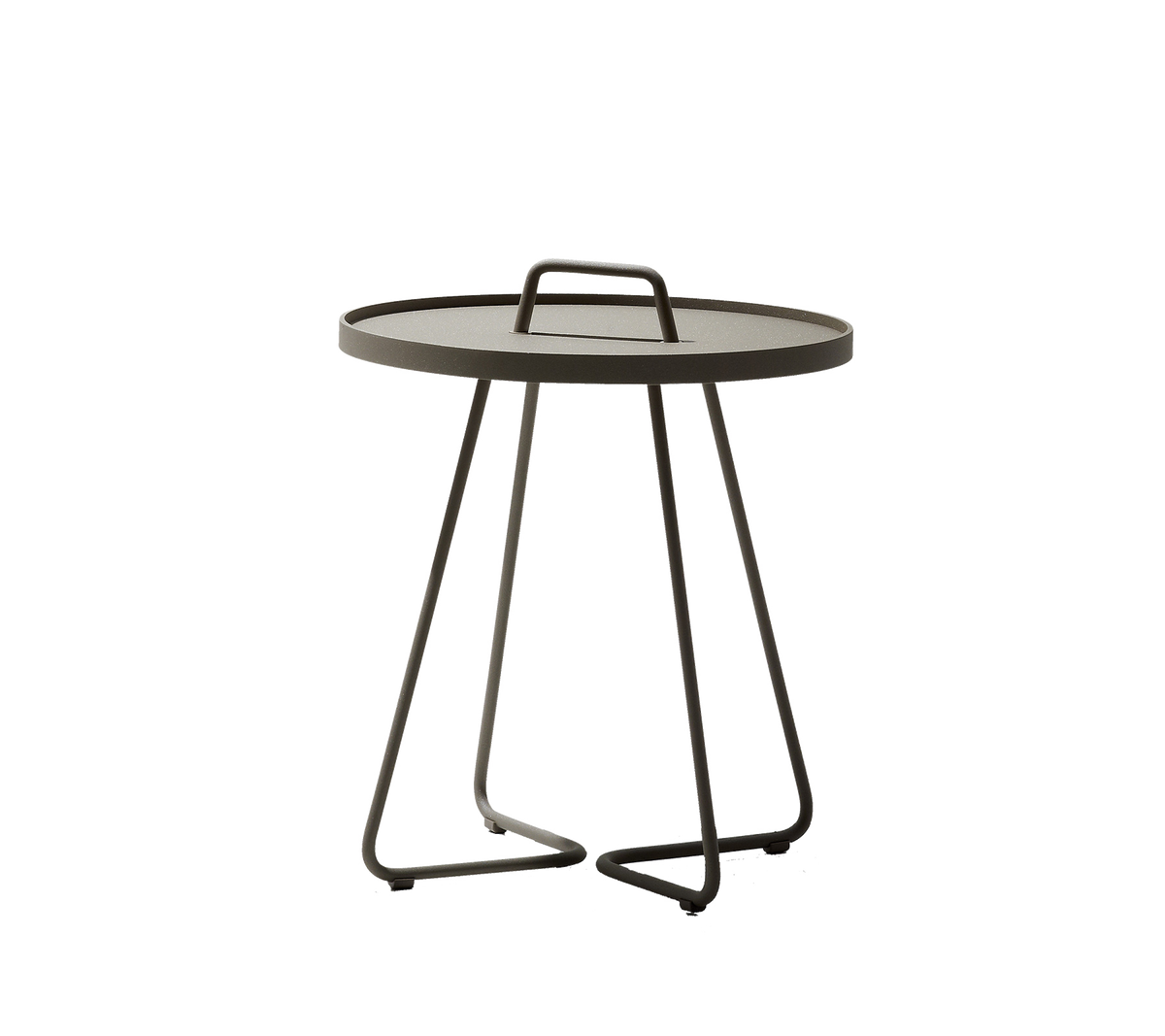 Runder Tisch mit schlankem Design, ausgestattet mit einem Tragegriff und einem minimalistischen Sockel. Perfekt für jede moderne Umgebung.