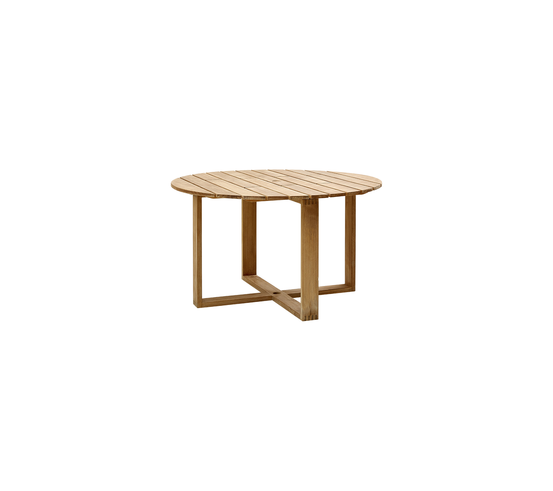 Runder Holztisch mit lamellenförmiger Oberfläche und einem einzigartigen geometrischen Gestell, das eine natürliche Oberfläche und modernes Design zeigt.