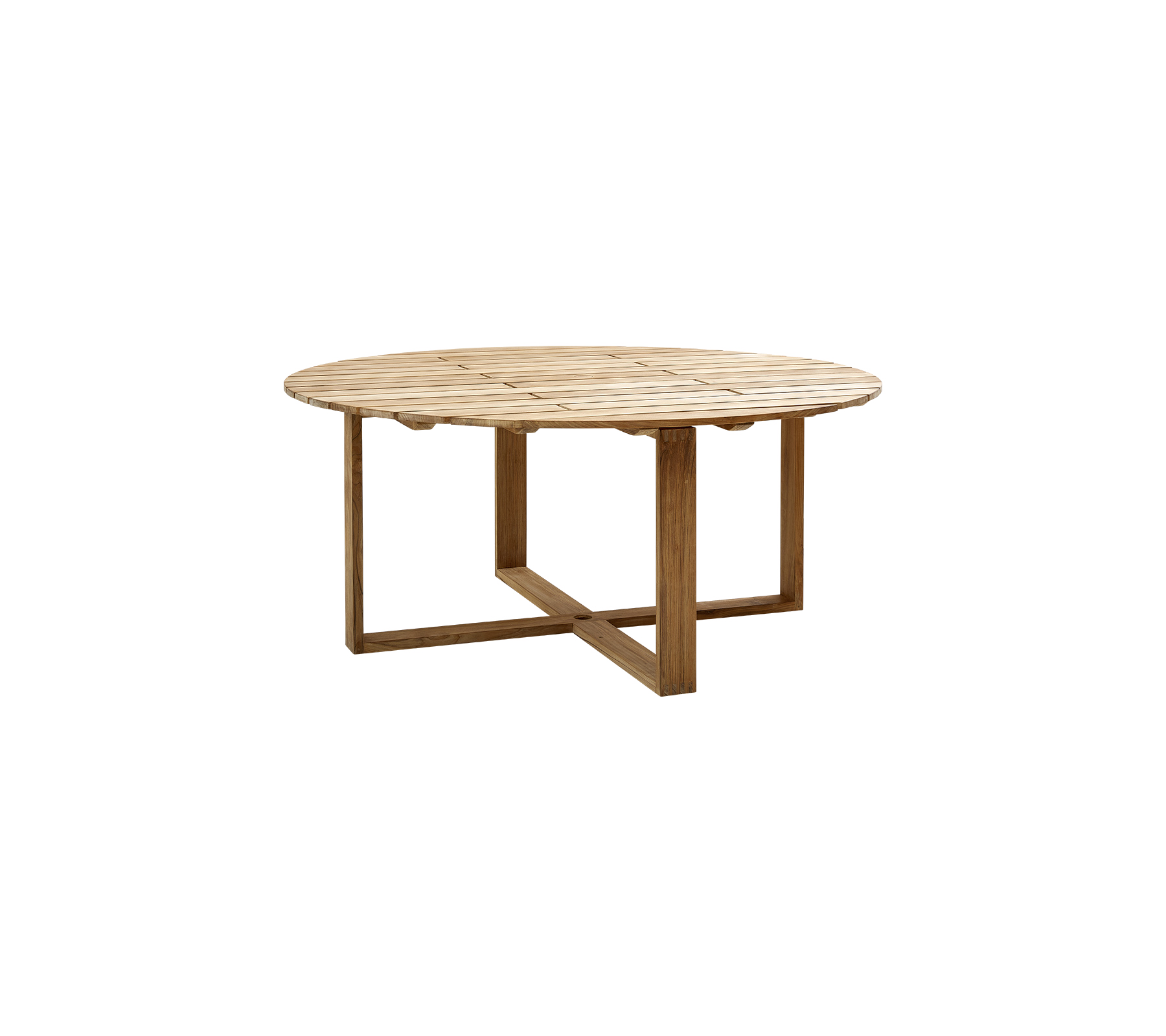 Runder Holztisch mit natürlichem Finish und stabilem, kreuzförmigem Fuß, entworfen für vielseitige Verwendung.