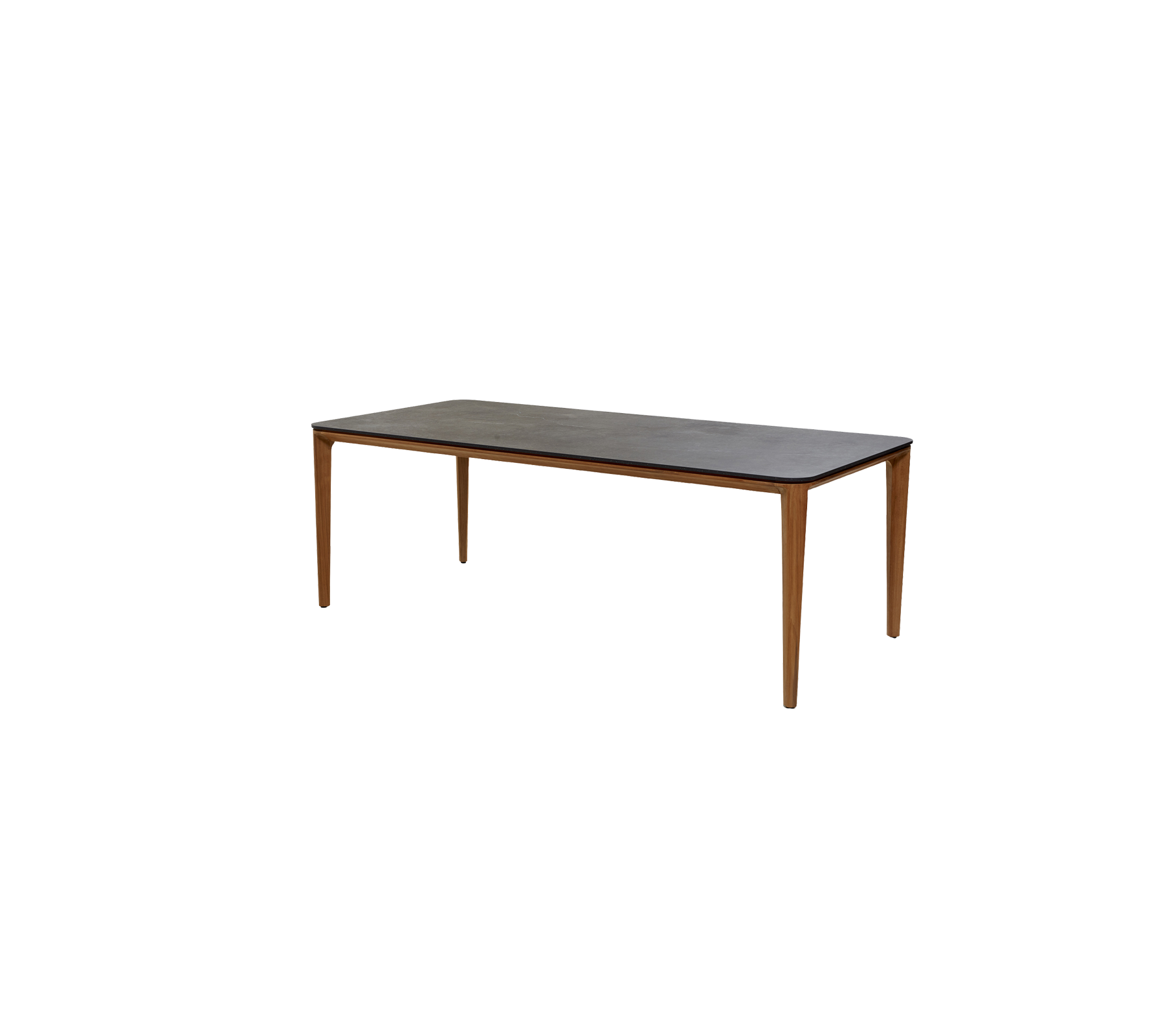 Ein einfaches rechteckiges Tisch mit einer dunklen Oberfläche und Holzbeinen, geeignet für verschiedene Umgebungen und Verwendung.