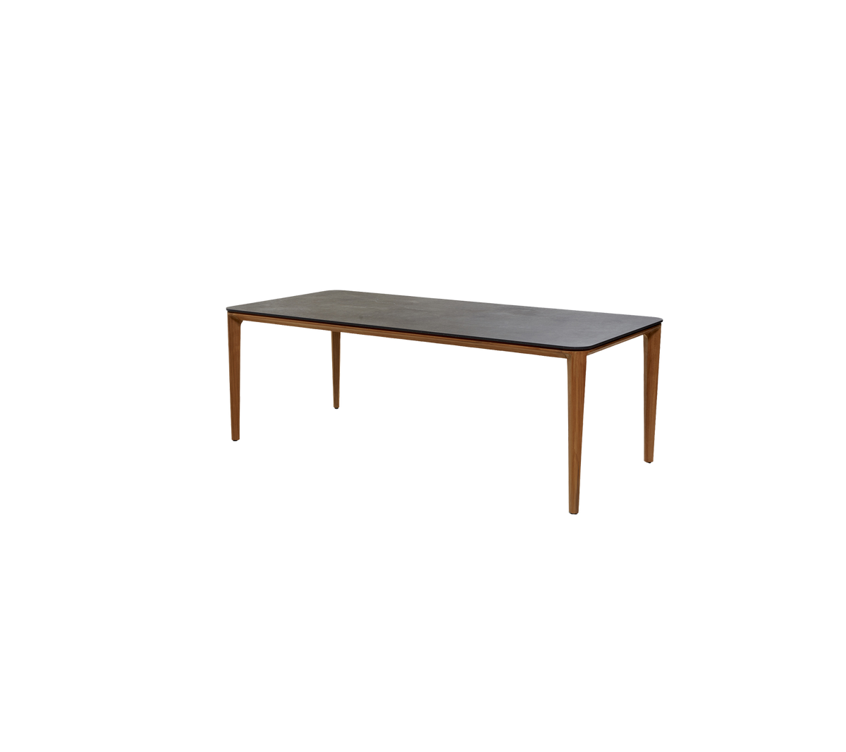 Ein einfaches rechteckiges Tisch mit einer dunklen Oberfläche und Holzbeinen, geeignet für verschiedene Umgebungen und Verwendung.