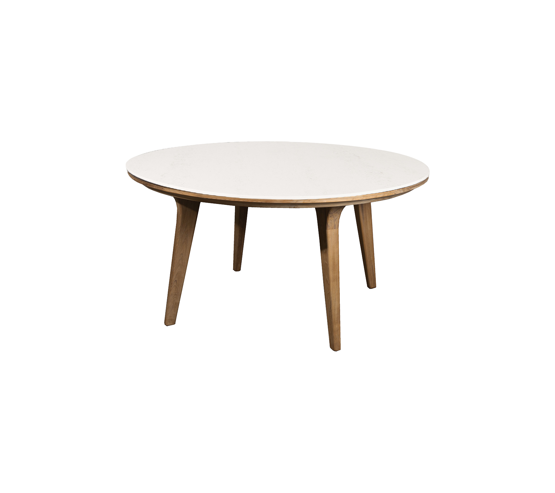 Runder Tisch mit einer glatten weißen Oberfläche und Holzbeinen, ideal zum Essen oder für zwanglose Zusammenkünfte. Elegantes und zeitgemäßes Design.