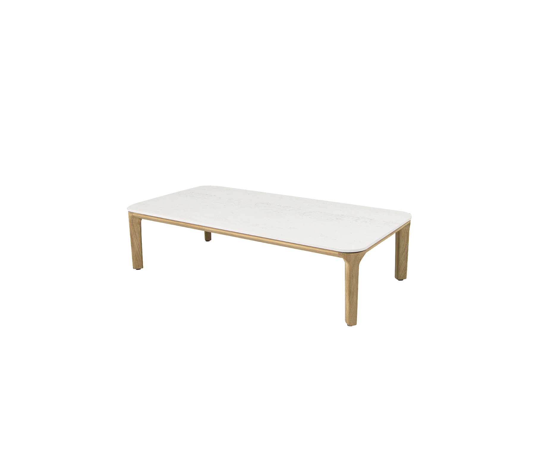 Rechteckiger Couchtisch mit einer schlanken weißen Oberfläche und Beinen aus Naturholz, ideal für moderne Wohnräume.