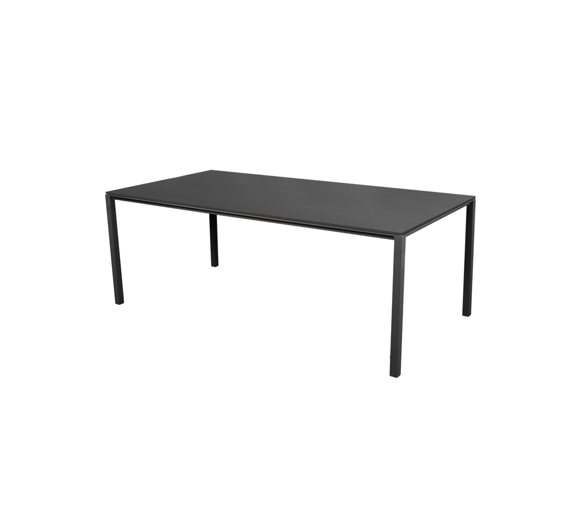 Ein eleganter schwarzer Tisch mit minimalistischem Design und vier geraden Beinen. Geeignet für verschiedene Umgebungen und Zwecke.