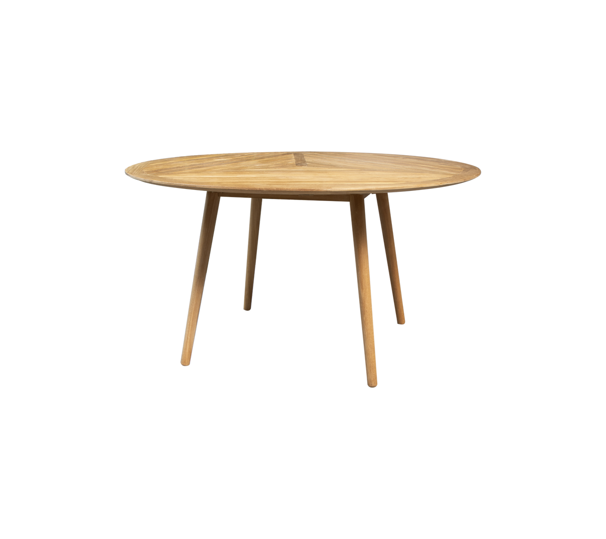 Runder Holztisch mit einer glatten Oberfläche und schlanken Beinen, entworfen für stilvolles und funktionales Essen oder Arbeiten.