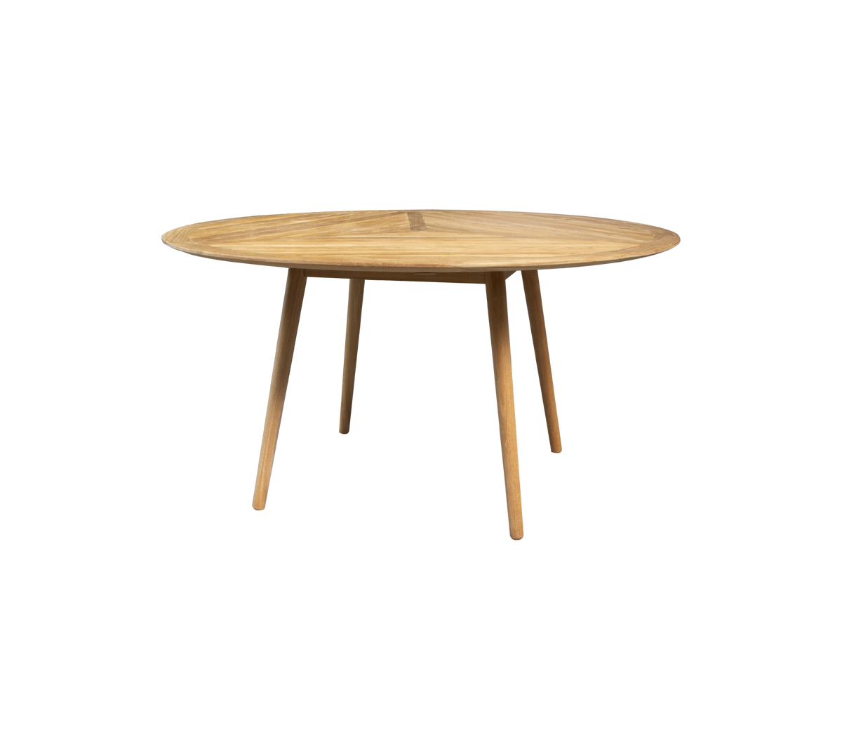 Runder Holztisch mit einer glatten Oberfläche und vier konischen Beinen, entworfen für vielseitige Ess- oder Arbeitsanordnungen.