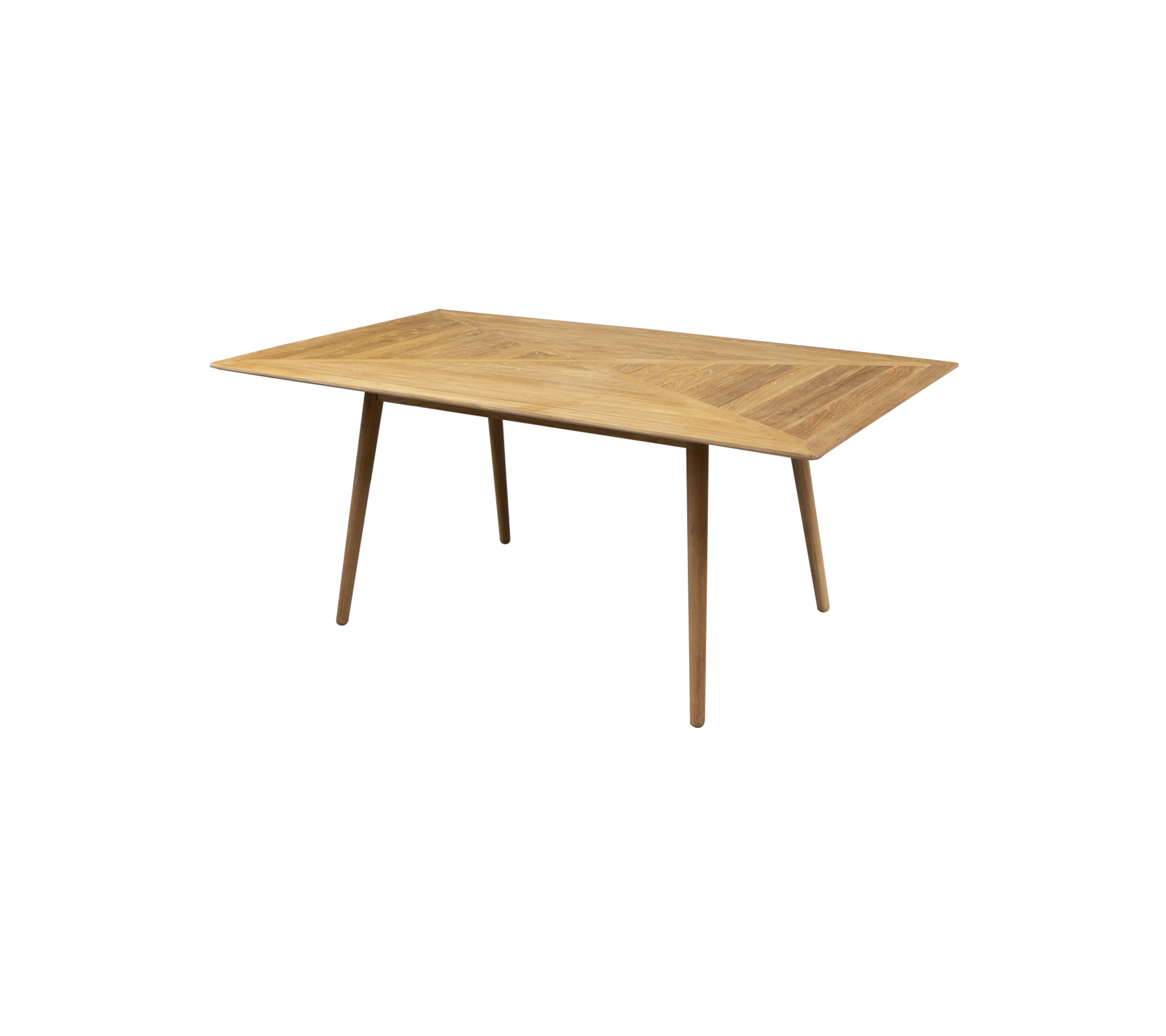 Rechteckiger Holztisch mit heller Oberfläche und sich verjüngenden Beinen, ideal für den Essbereich oder als Arbeitsplatz. Einfaches und modernes Design.
