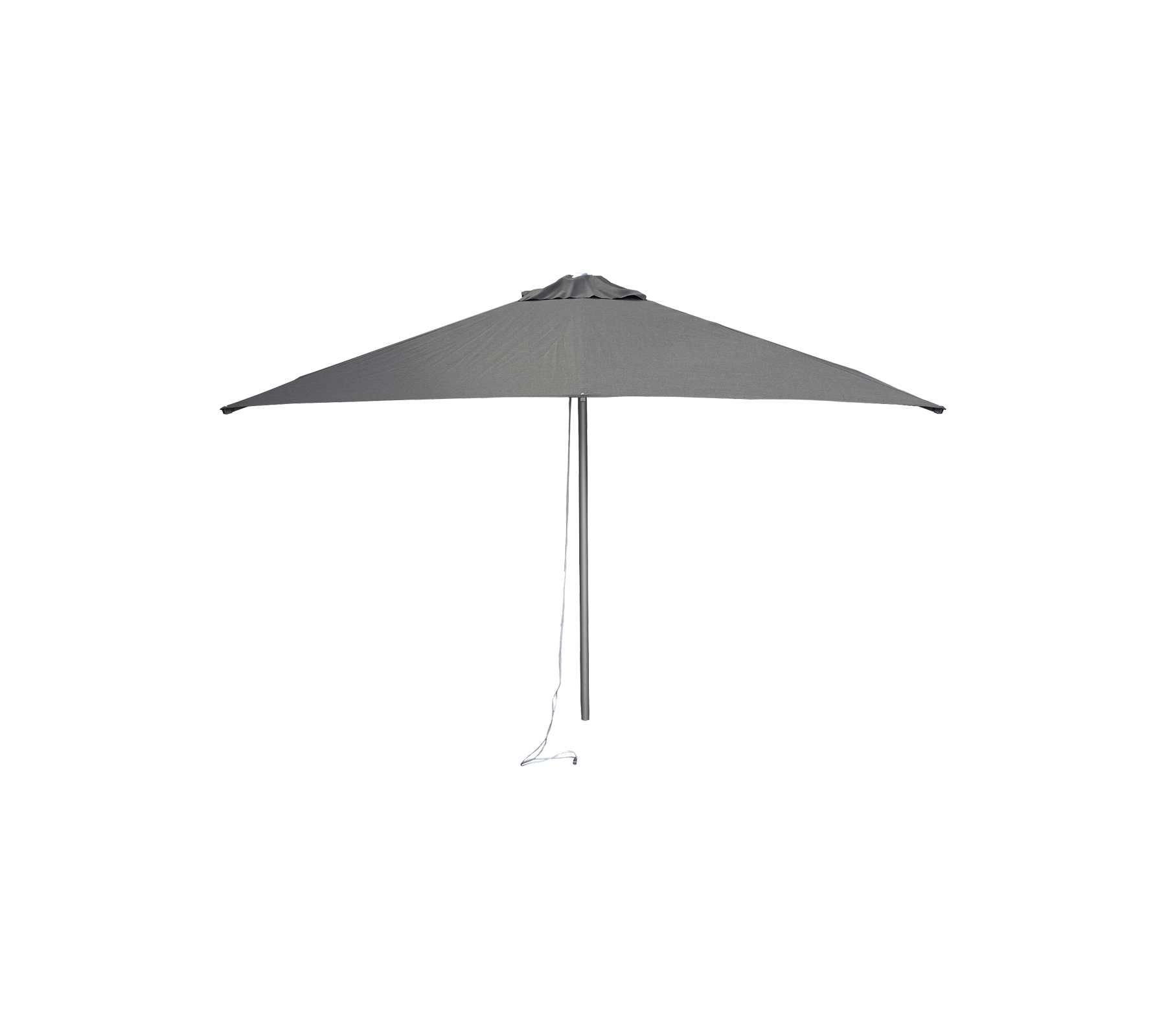 Ein eleganter, grauer Regenschirm mit einem dreieckigen Baldachin-Design und einem stabilen Supportsäule, ausgestattet mit einem Zugseil zur einfachen Verstellung.