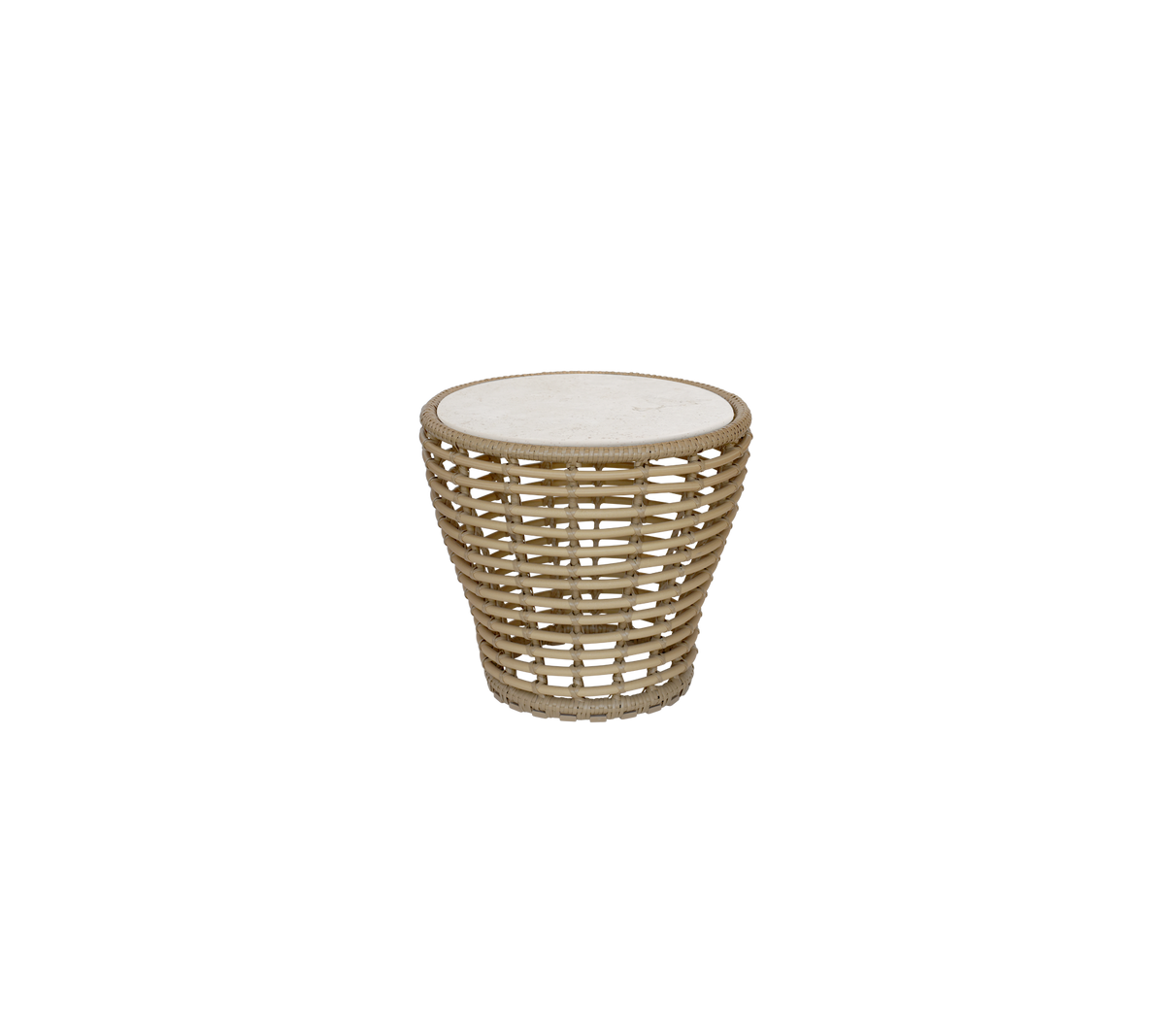Naturtisch mit runder Tischplatte und geflochtenem Design.