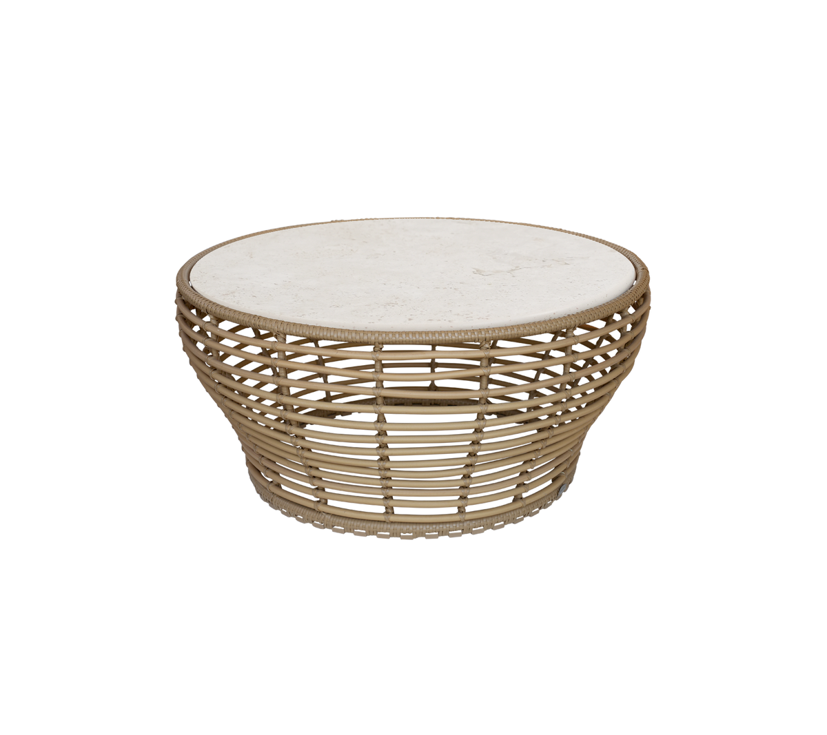 Natürlicher Couchtisch mit runder Oberfläche und offenem Geflecht-Design.