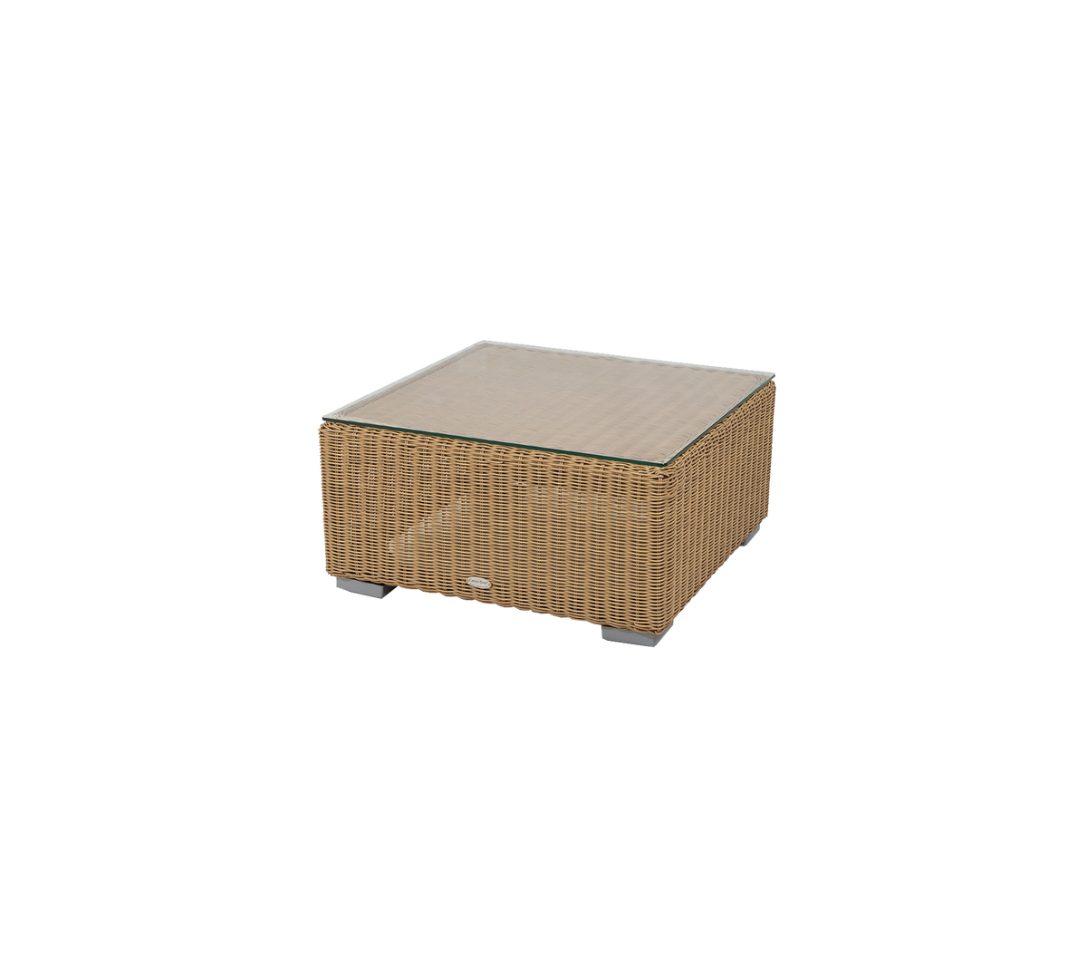 Quadratischer Couchtisch mit gewebtem Design und Glasplatte, ideal für stilvolle Dekoration in verschiedenen Umgebungen.