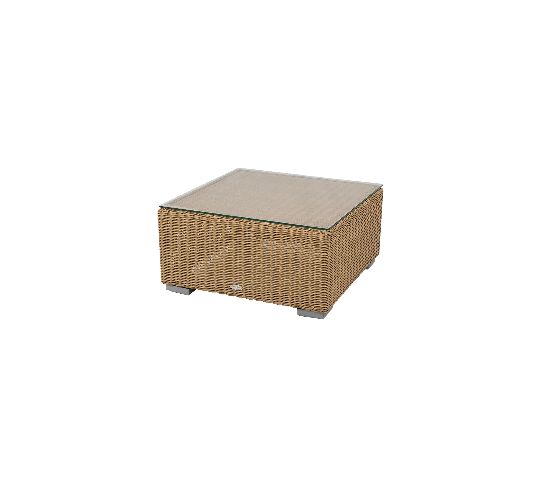 Quadratischer Couchtisch mit gewebtem Design und Glasplatte, ideal für stilvolle Dekoration in verschiedenen Umgebungen.
