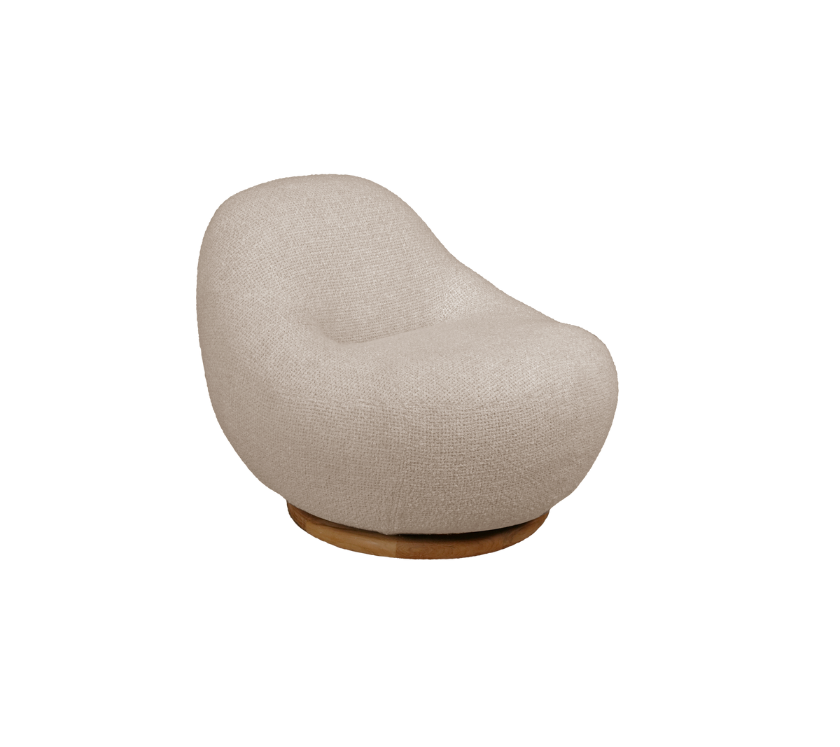 Moderner sandfarbener Stuhl mit rundem Design.