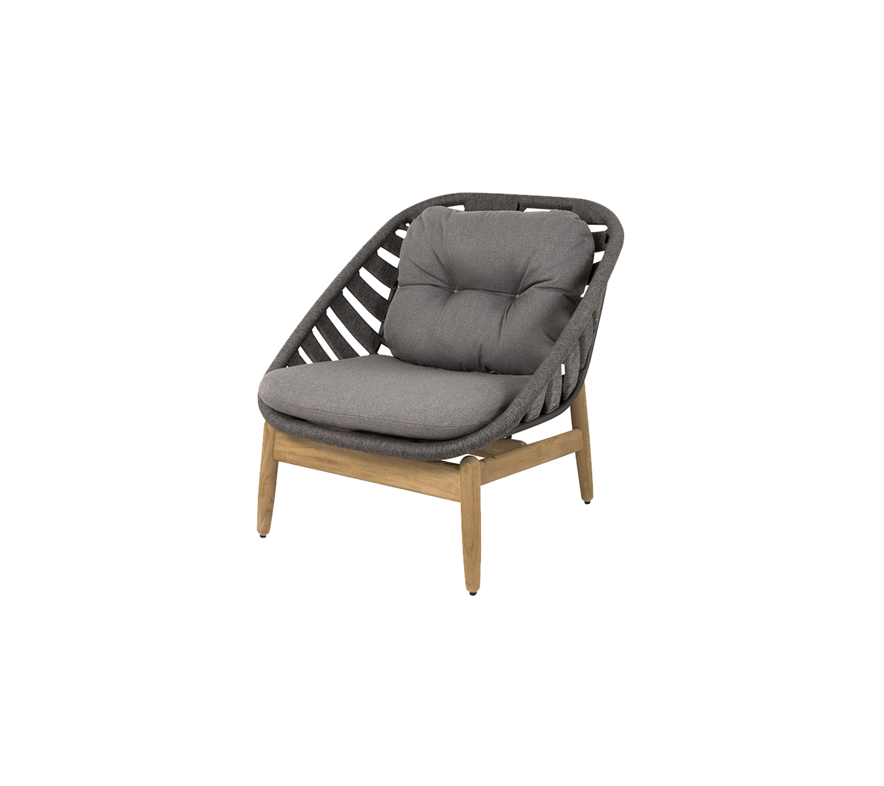Stylischer Stuhl mit gepolstertem Sitz in Grau und einem Holzrahmen, der ein einzigartiges gewebtes Design für moderne Dekoration aufweist.