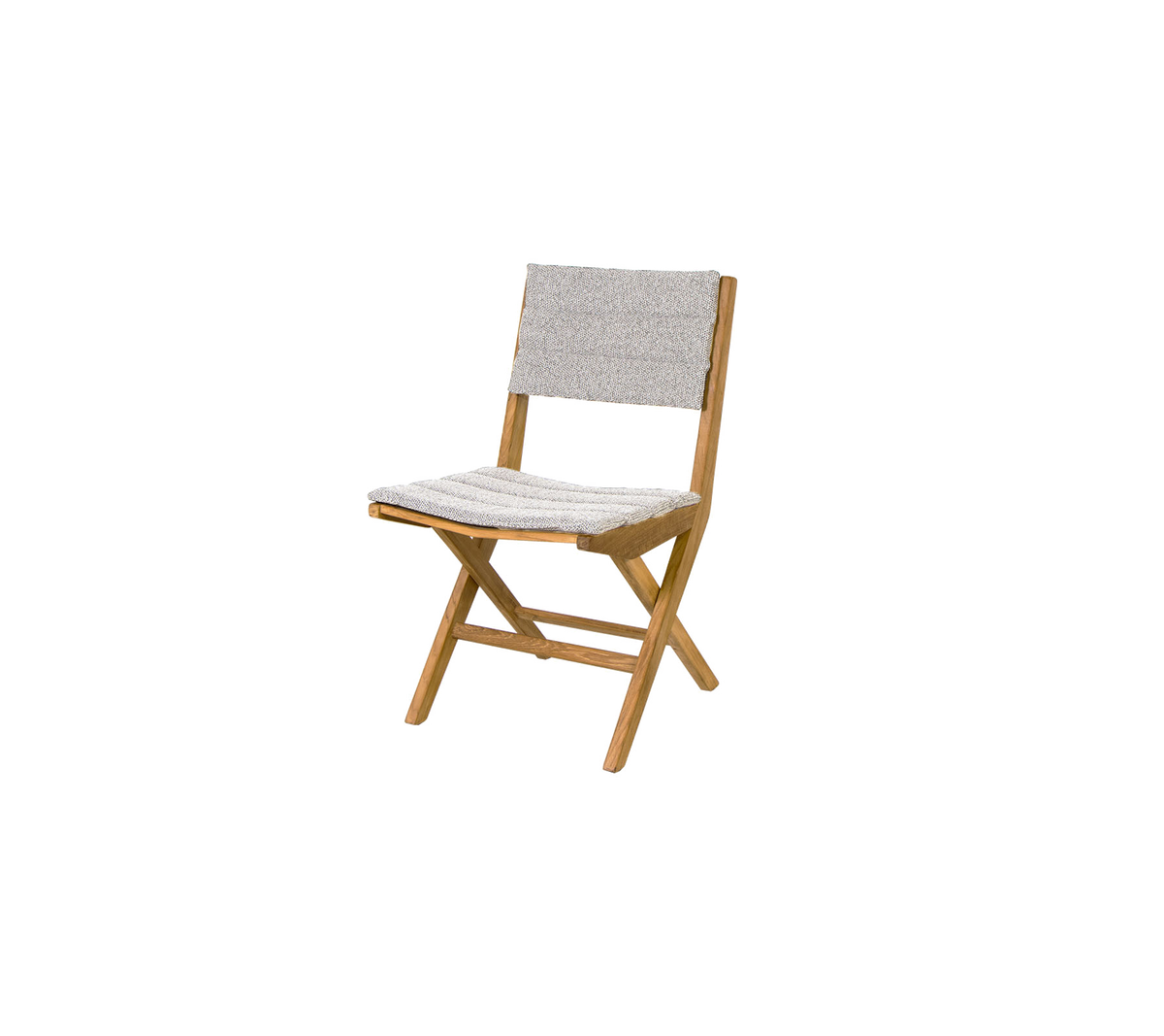 Klappstuhl mit einem Holzrahmen und einem strukturierten Stoffsitz und -rückenlehne, der Funktionalität und Stil für vielseitige Verwendung vereint.