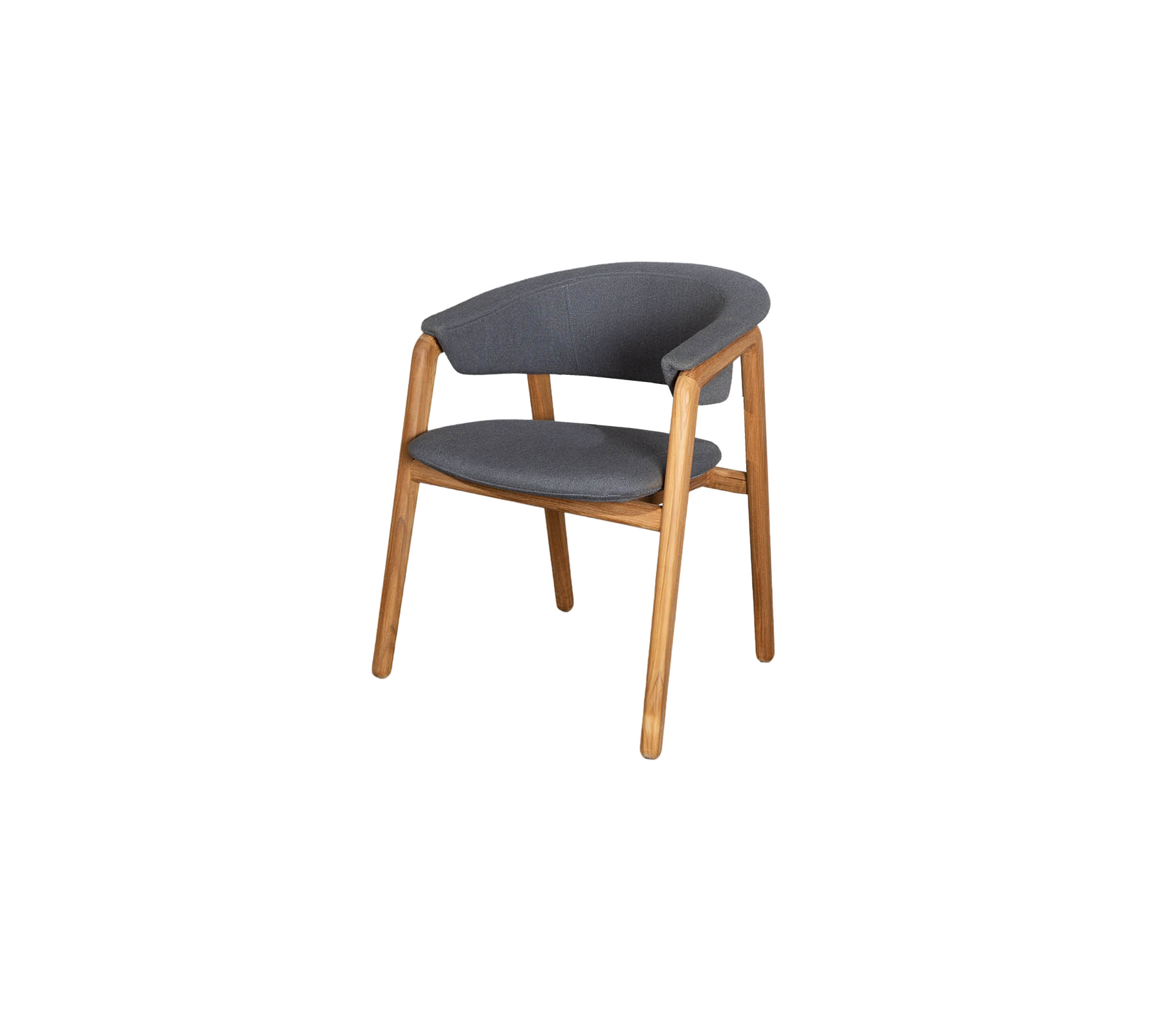 Stylischer Stuhl mit grauem Stoffsitz und geschwungenem Rückenlehne, unterstützt von Beinen aus Naturholz, bietet modernen Komfort und ästhetische Anziehungskraft.
