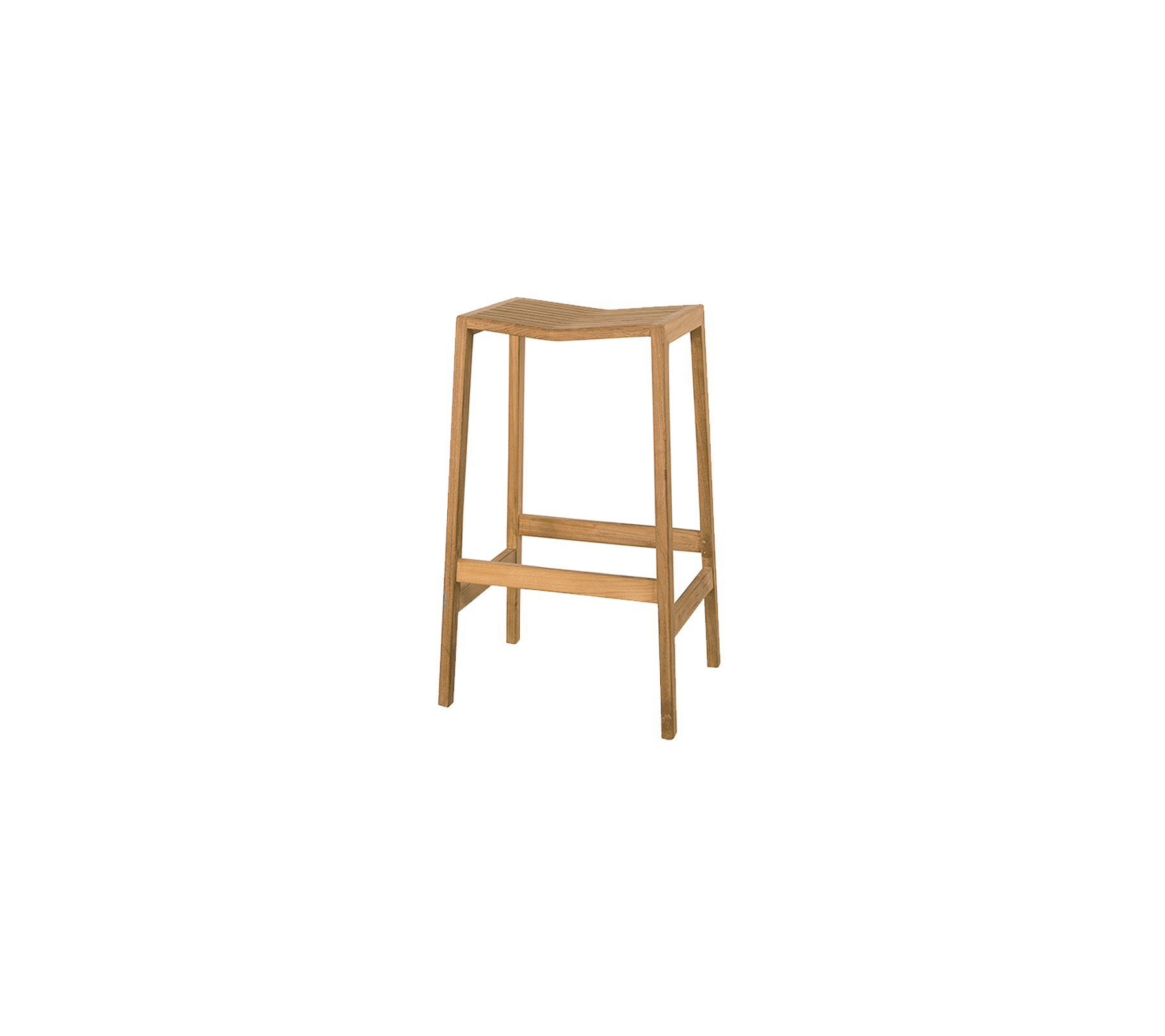 Ein einfacher Holzschemel mit natürlicher Oberfläche und vier Beinen, der eine unterstützende Fußstütze für zusätzlichen Komfort bietet.