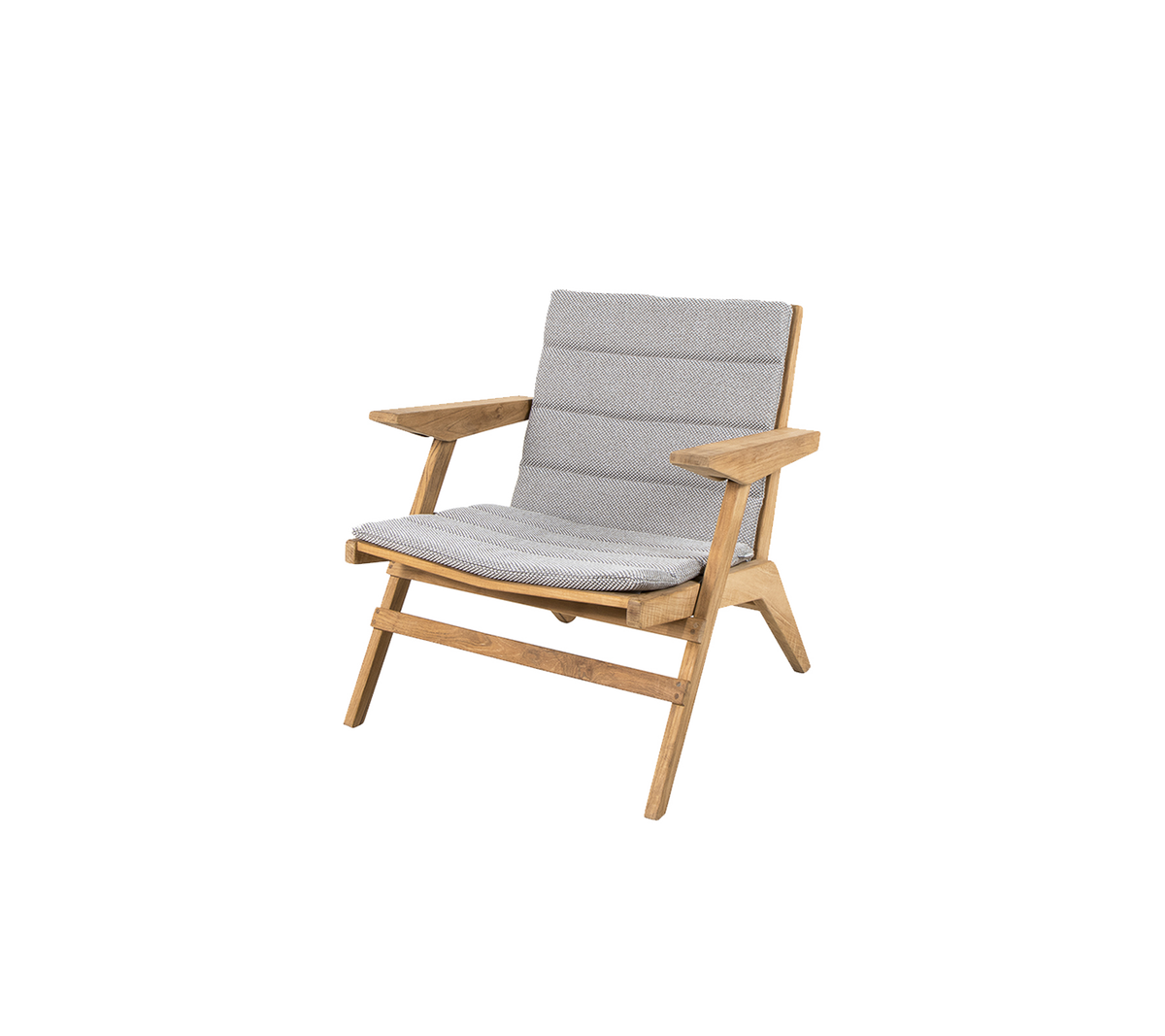 Stylischer Loungesessel mit Holzrahmen und weichen grauen Kissen, entworfen für Komfort und modernes Design.