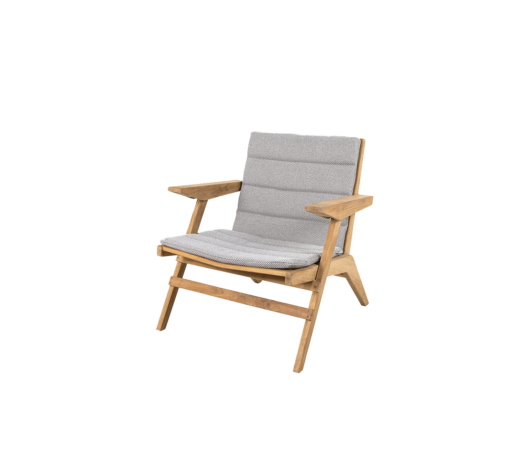 Stylischer Loungesessel mit Holzrahmen und weichen grauen Kissen, entworfen für Komfort und modernes Design.