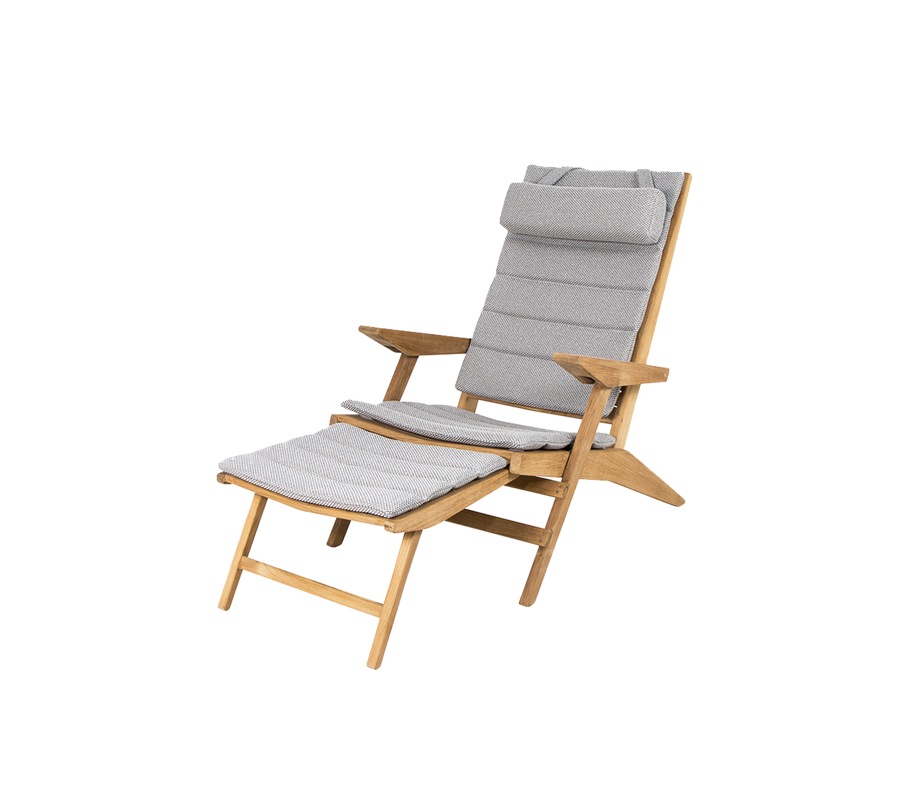 Ein bequemer Holzstuhl mit einem grauen gepolsterten Sitz und Rückenlehne, der über ein klappbares Design und eine passende Fußstütze verfügt.