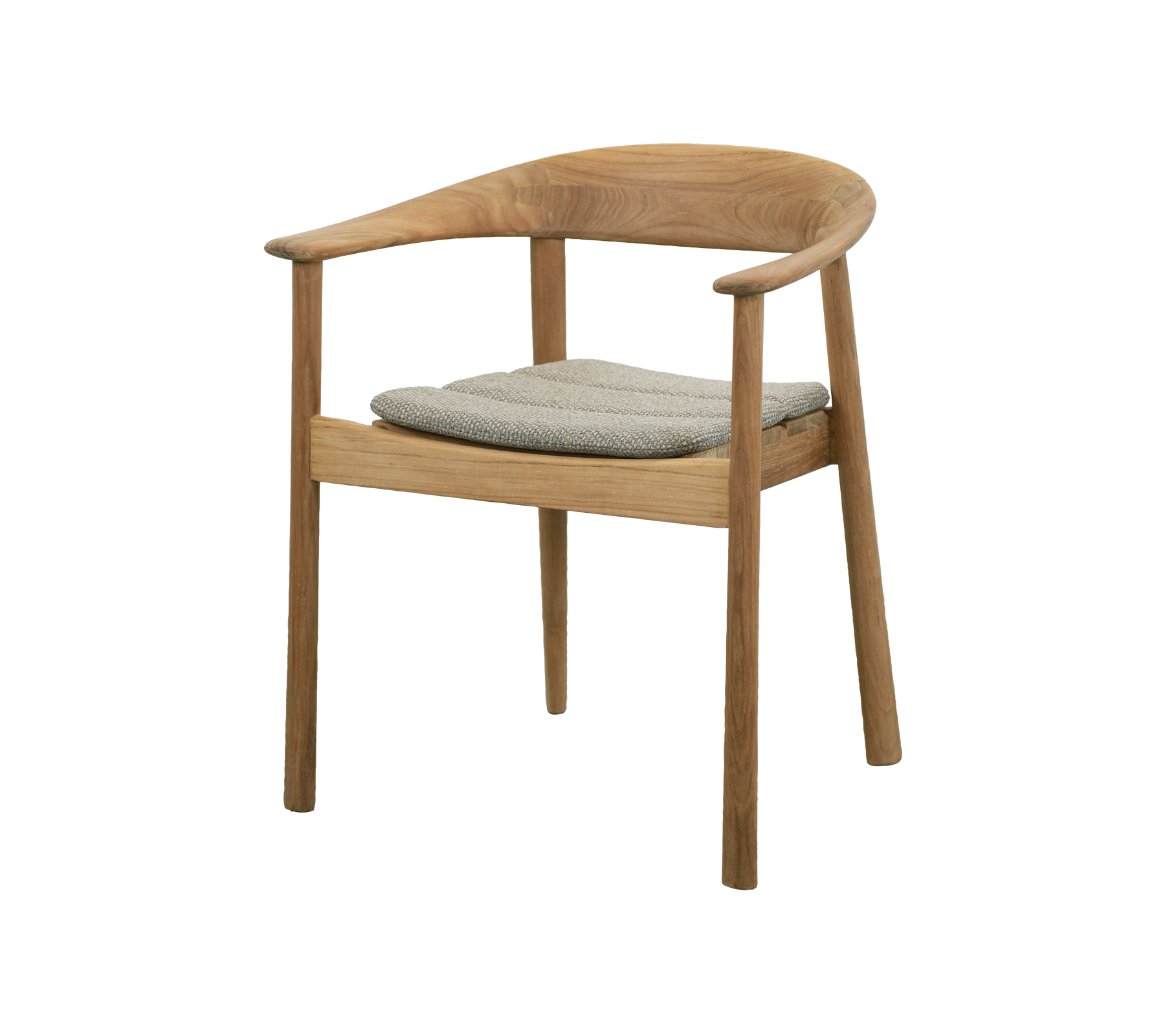 Teakstuhl mit grauem Kissen in modernem Design.