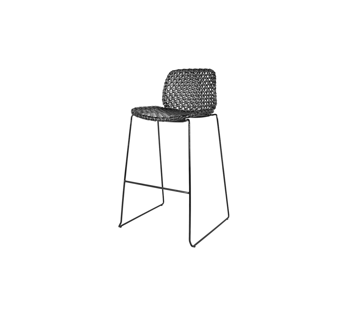 Stilvoller Hochstuhl mit einem geflochtenen Sitz und einem schlanken Metallrahmen, perfekt um modernen Eleganz in jeden Raum zu bringen.