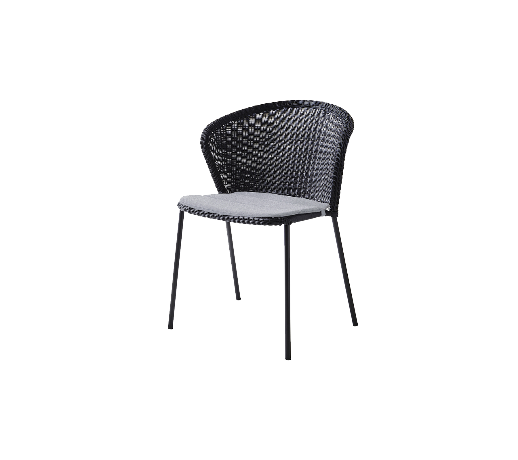 Stylischer schwarzer Stuhl mit einem geflochtenen Design und einem bequemen hellen Sitz. Ideal für moderne Dekoration und informelle Sitzgelegenheiten.