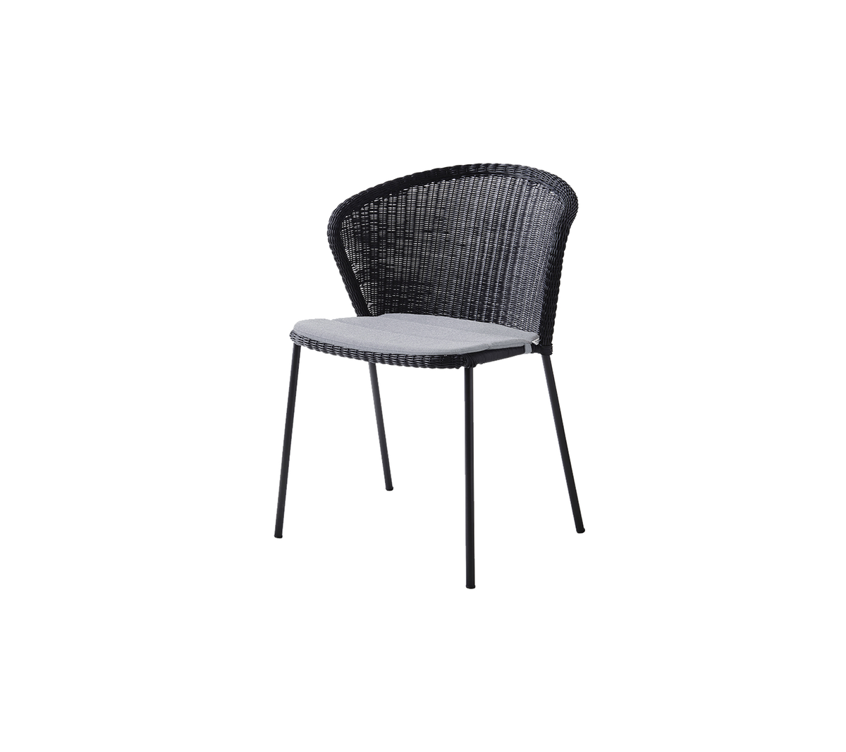 Stylischer schwarzer Stuhl mit einem geflochtenen Design und einem bequemen hellen Sitz. Ideal für moderne Dekoration und informelle Sitzgelegenheiten.