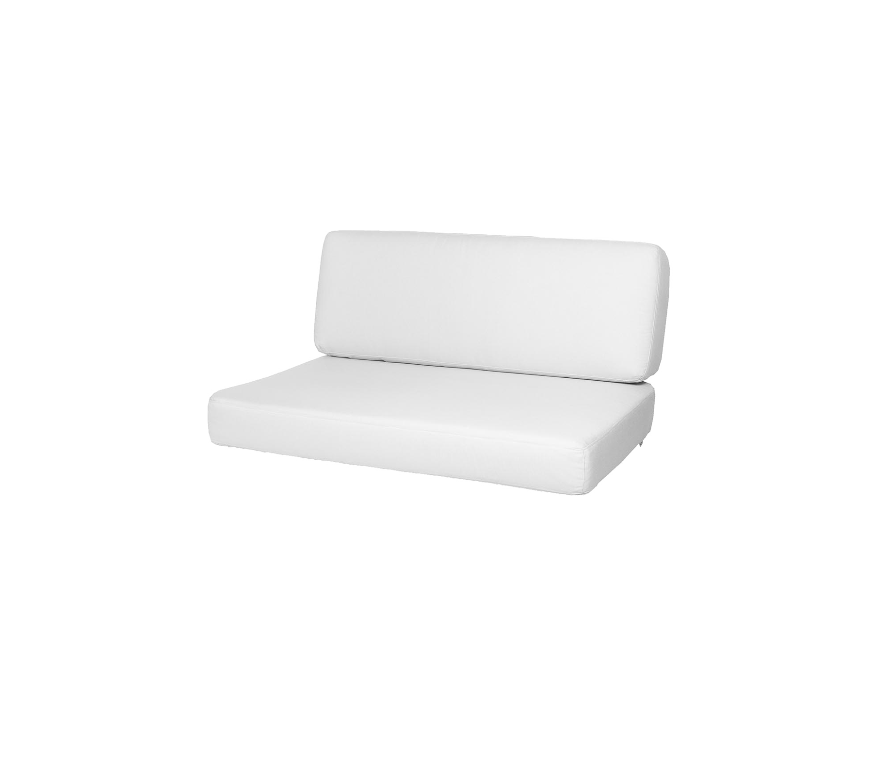 Weißes Zweisitzer-Sofa mit einem schlichten, modernen Design, das über eine niedrige Rückenlehne und einen bequemen Sitz verfügt. Ideal für minimalistische Ästhetik.
