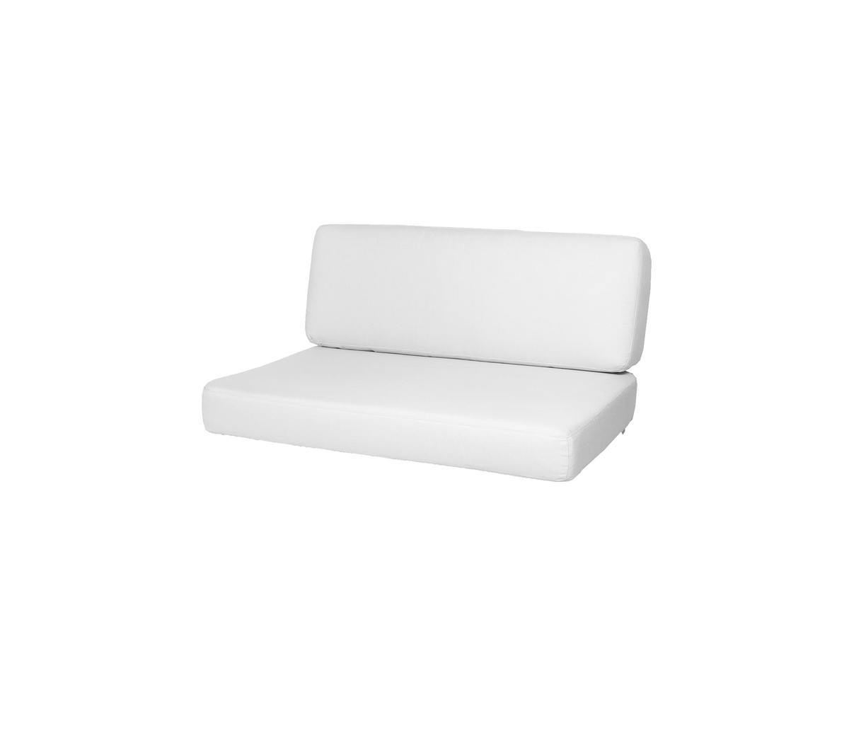 Weißes Zweisitzer-Sofa mit einem schlichten, modernen Design, das über eine niedrige Rückenlehne und einen bequemen Sitz verfügt. Ideal für minimalistische Ästhetik.