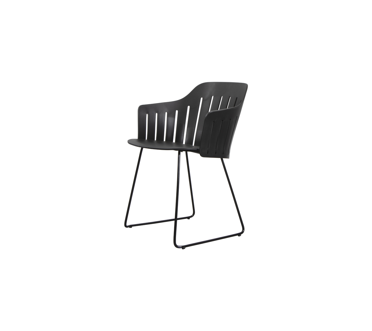 Stylischer Stuhl mit schlankem Design, gewölbter Rückenlehne und stabilen Metallbeinen, ideal für modernes Sitzen.