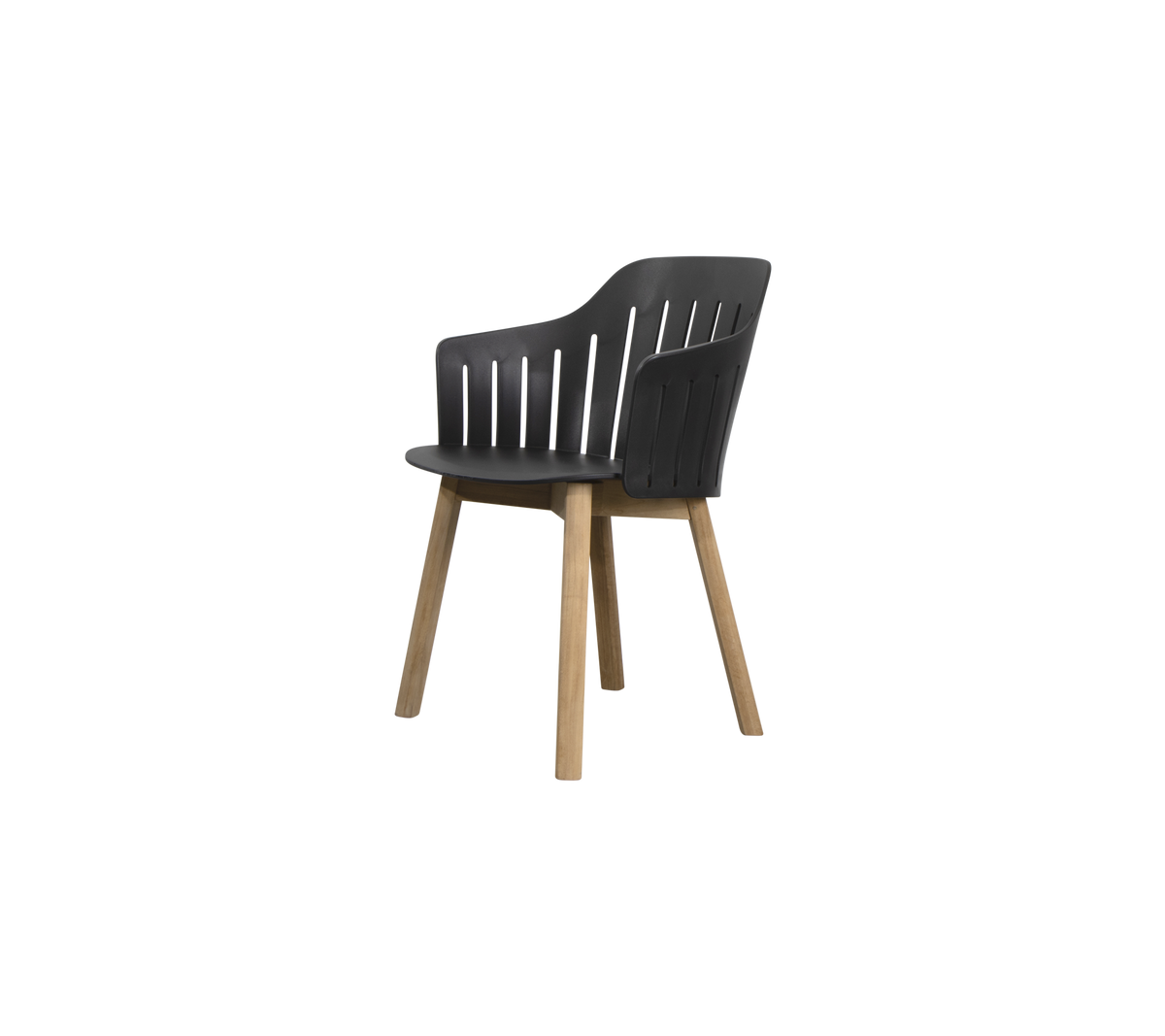 Eleganter, moderner Stuhl mit einer geformten Sitzfläche, einem lamellierten Rücken und Holzbeinen für Stil und Komfort.