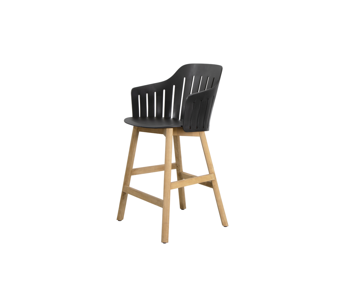Stilvoller Hochstuhl mit einem eleganten schwarzen Sitz und Beinen aus Naturholz, der eine moderne und komfortable Sitzgelegenheit bietet.