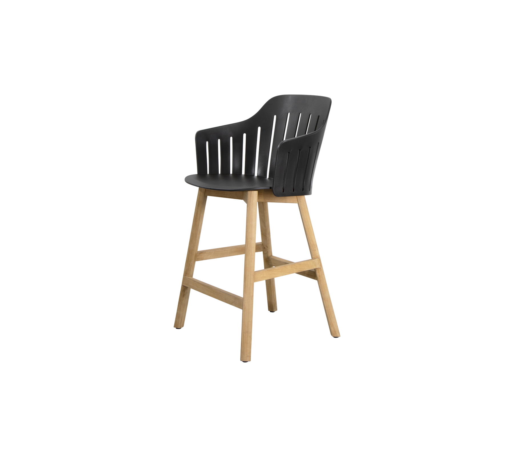 Stilvoller Hochstuhl mit einem eleganten schwarzen Sitz und Beinen aus Naturholz, der eine moderne und komfortable Sitzgelegenheit bietet.