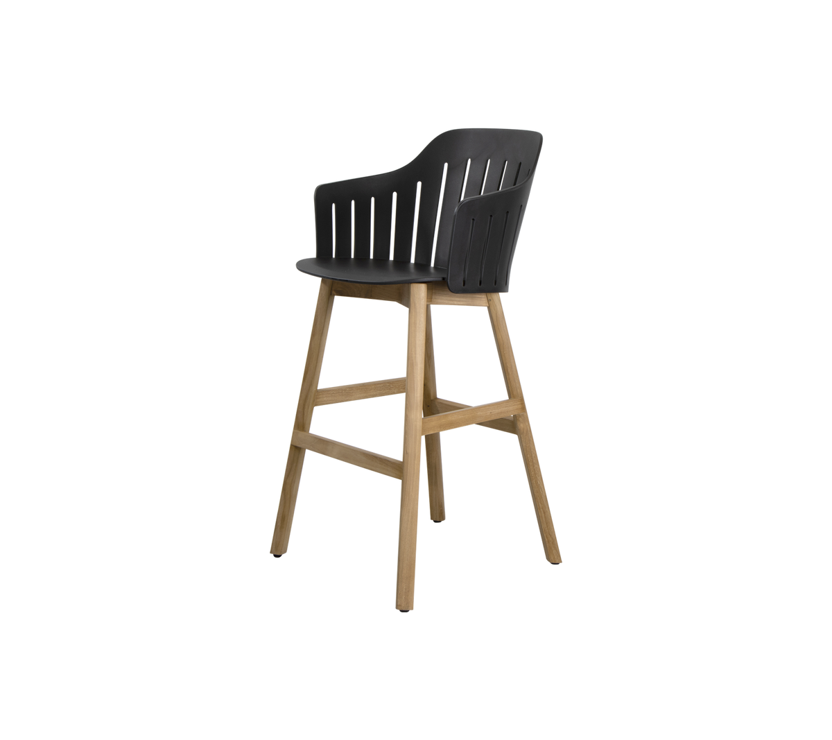 Stylischer Hochstuhl mit einem eleganten schwarzen Sitz mit vertikalen Schlitzen und einem Rahmen aus Naturholz für einen modernen Akzent. Perfekt für Essbereiche.