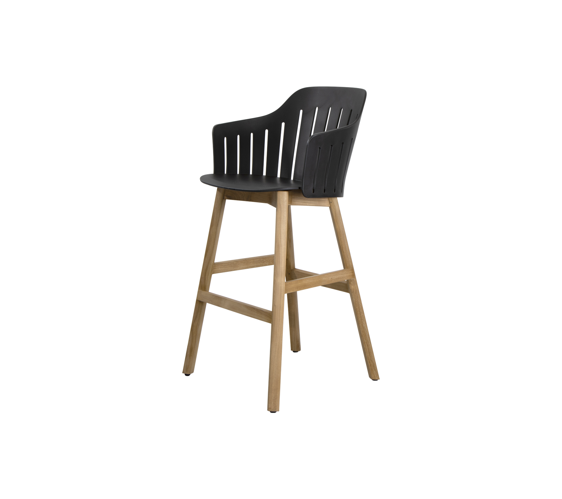 Stylischer Hochstuhl mit einem eleganten schwarzen Sitz mit vertikalen Schlitzen und einem Rahmen aus Naturholz für einen modernen Akzent. Perfekt für Essbereiche.