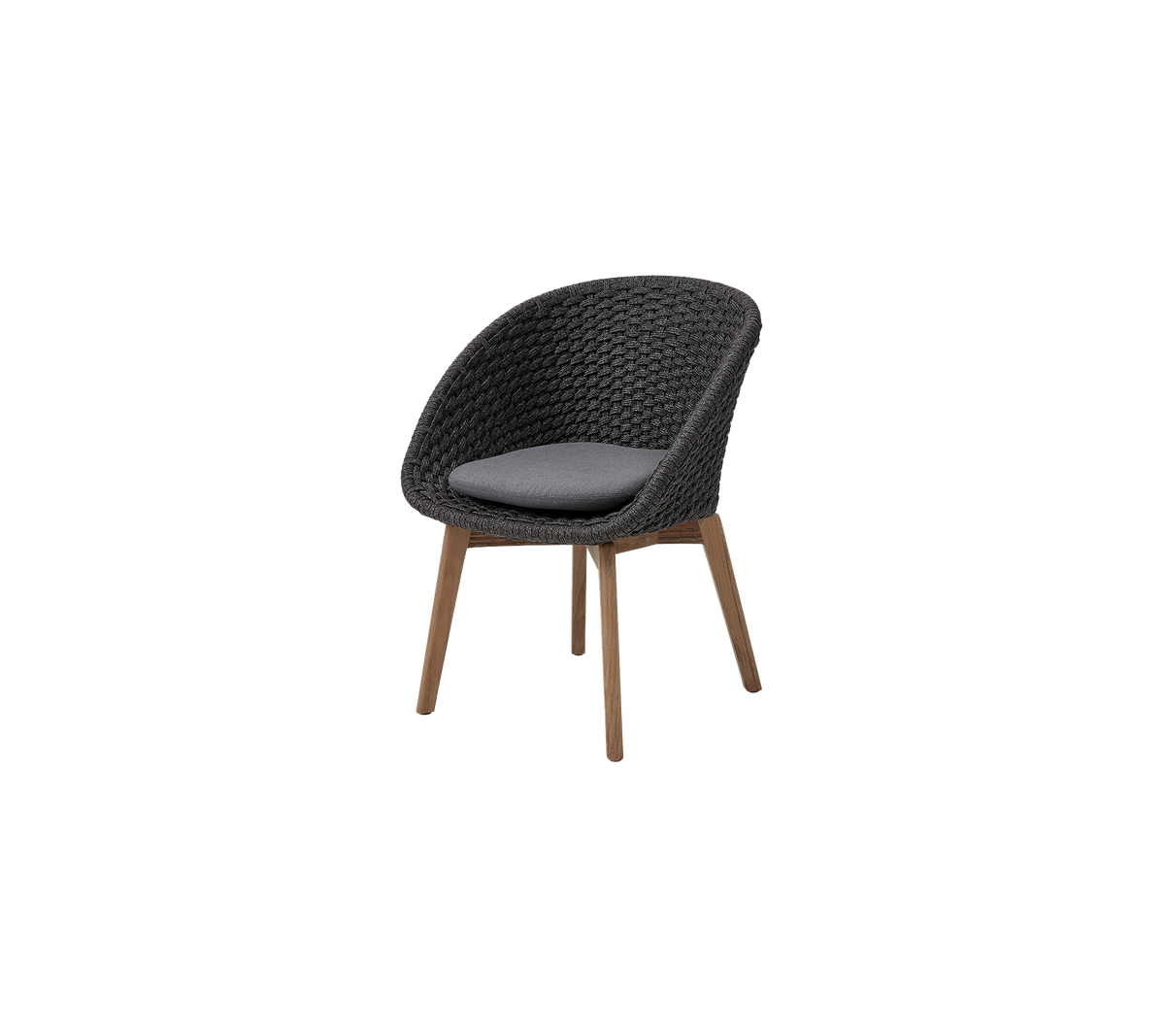 Stylischer Stuhl mit einem gewebten Design und einem gepolsterten Sitz, ergänzt durch Holzbeine für zusätzliche Eleganz und Komfort.
