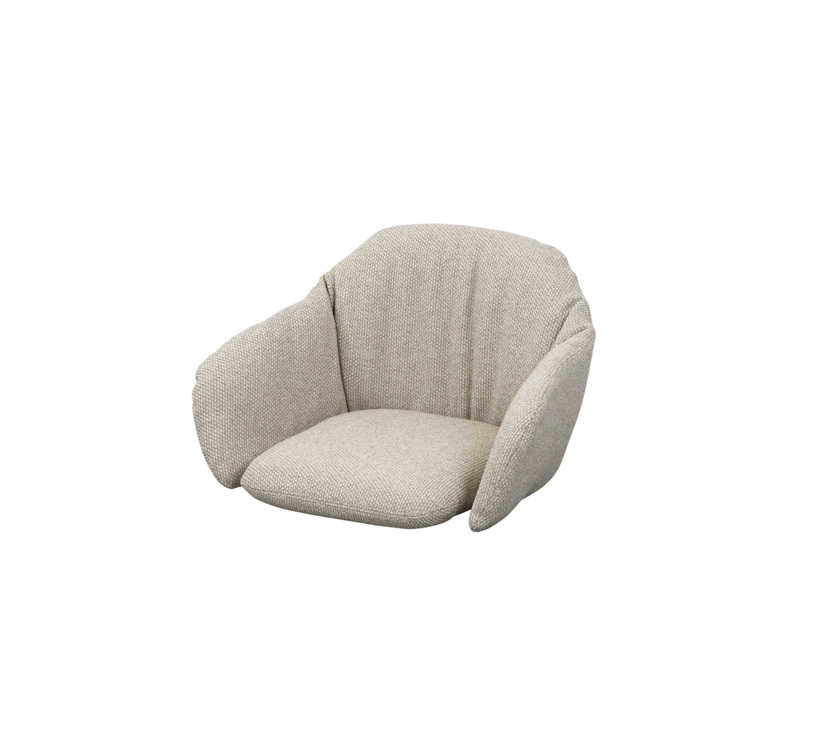 Ein gemütlicher, moderner Sessel mit einem weichen, strukturierten Stoff und einem stilvollen, geschwungenen Design, perfekt für entspanntes Sitzen.