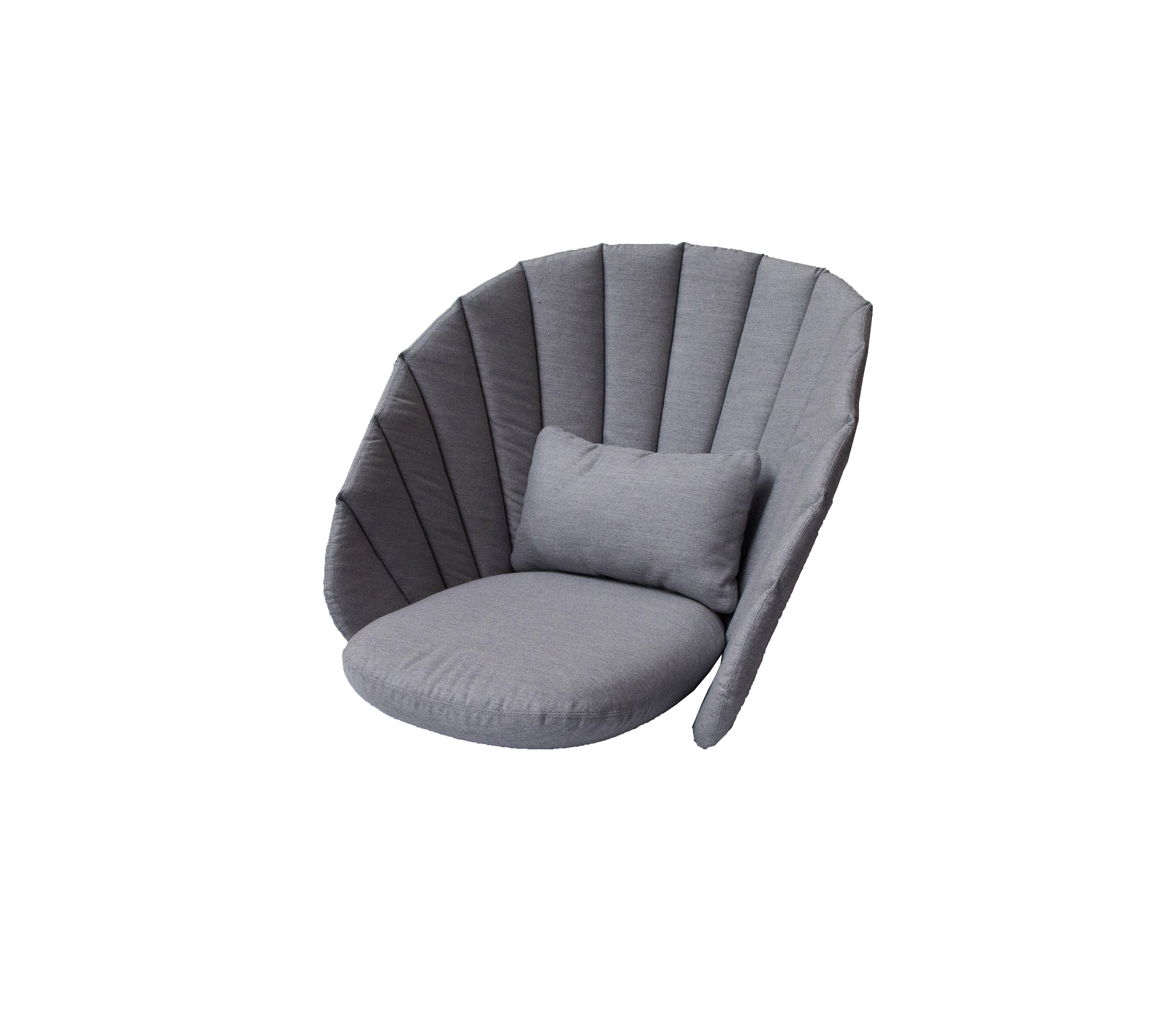 Stylischer grauer Lounge-Stuhl mit abgerundetem Design und einem flauschigen Kissen, das eine gemütliche Sitzgelegenheit bietet.