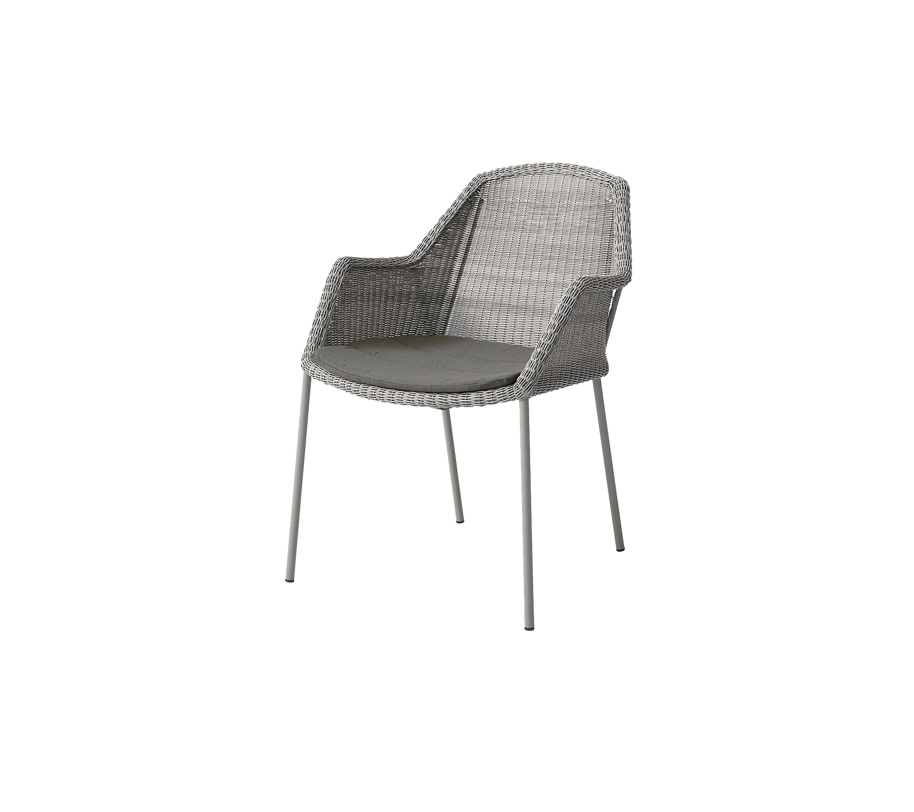 Ein moderner Stuhl mit einem gewebten Design und einem gepolsterten Sitz, der von schlanken Metallbeinen in einem neutralen Grauton unterstützt wird.