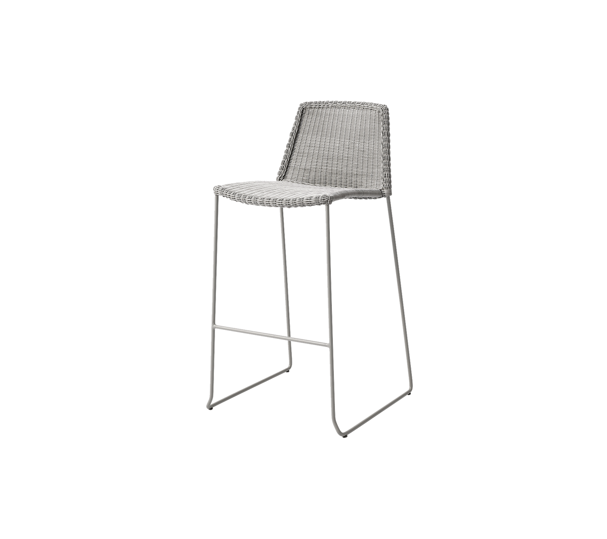 Stylischer Barhocker mit schlankem Design, ausgestattet mit einem geflochtenen Sitz und schlanken Metallbeinen für moderne Ästhetik.