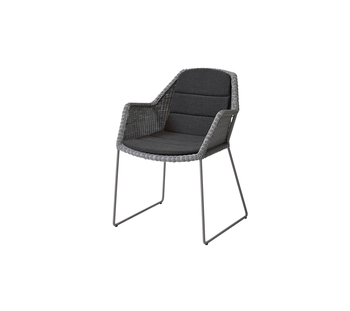 Stilvoller Stuhl mit einem gewebten Design, plüschigen Kissen und schlanken Metallbeinen, ideal für moderne Umgebungen.