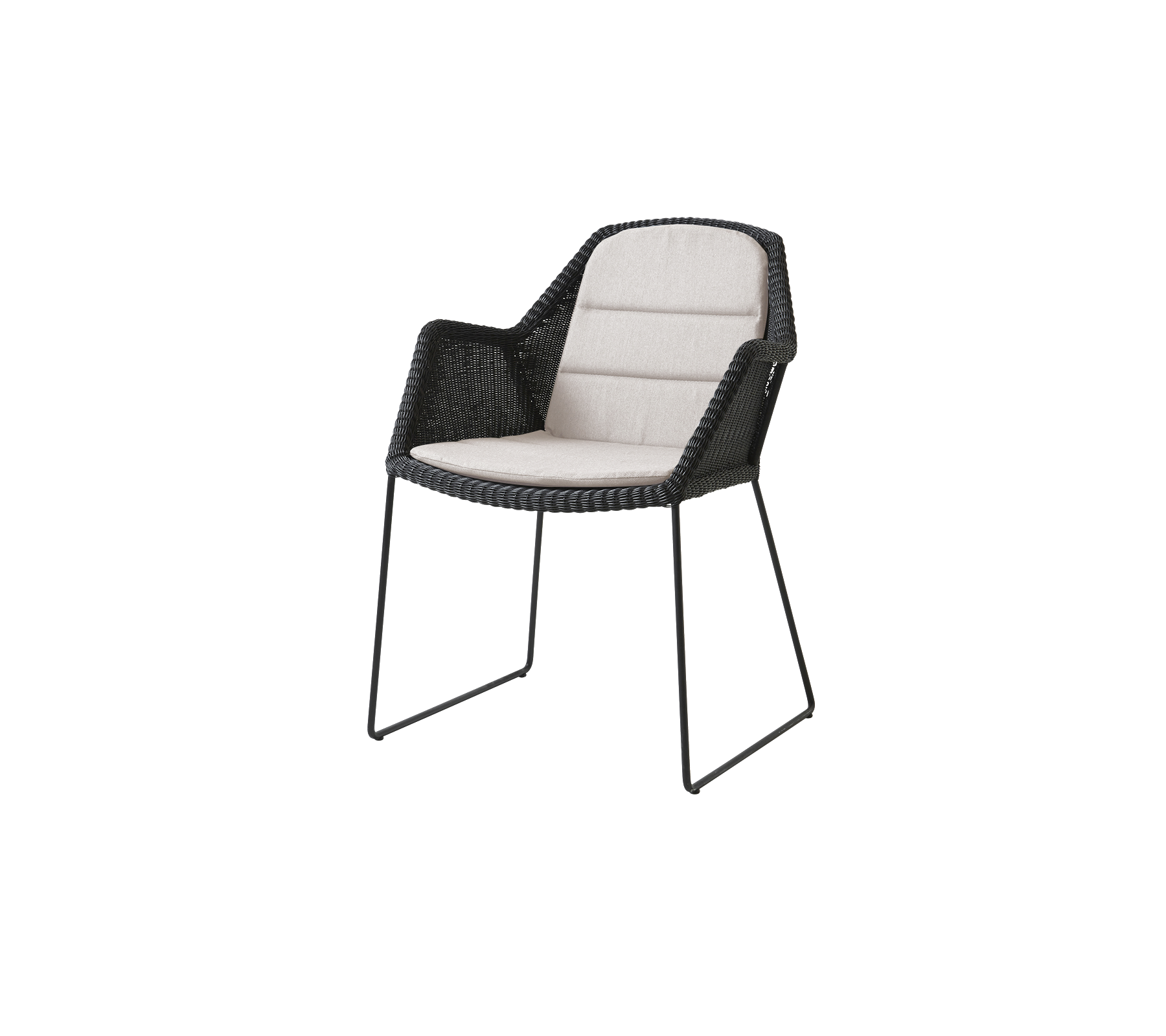 Stylischer Stuhl mit einem schwarzen geflochtenen Design und einem hellen gepolsterten Sitz, perfekt für moderne Einrichtung.