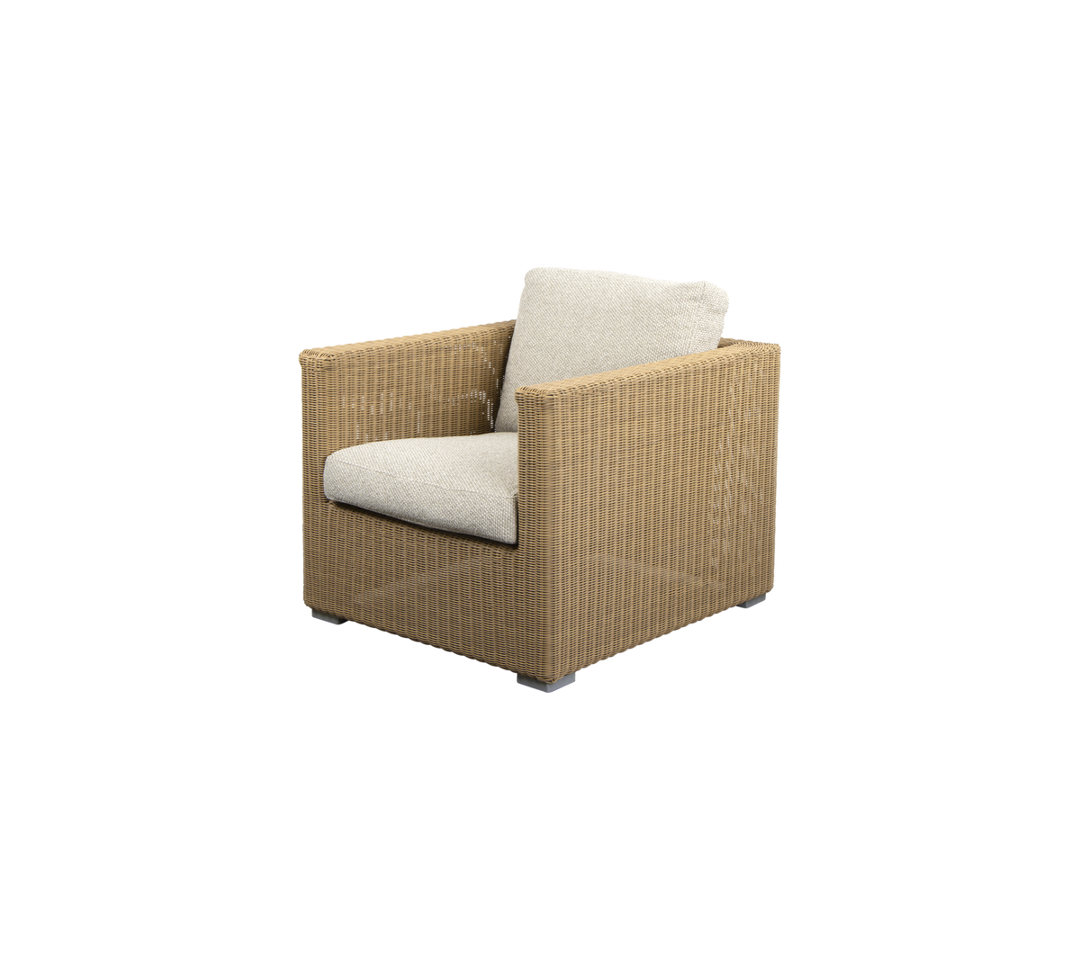 Stylischer Sessel mit einem gewebten Äußeren und einem hellen Kissen, perfekt um Komfort und Eleganz in jeden Raum zu bringen.